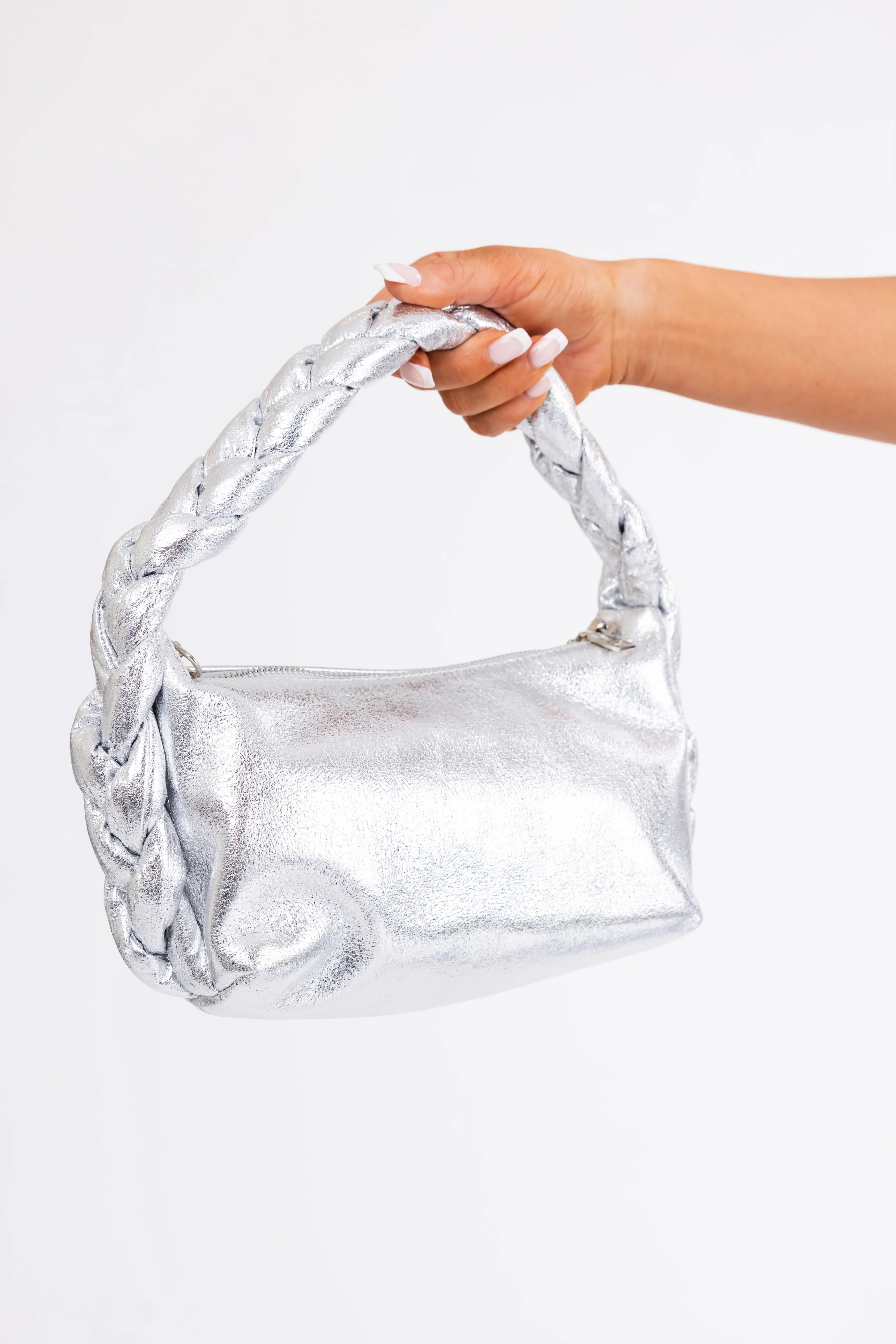Shiny Silver Braided Handle Handbag - LD SALE