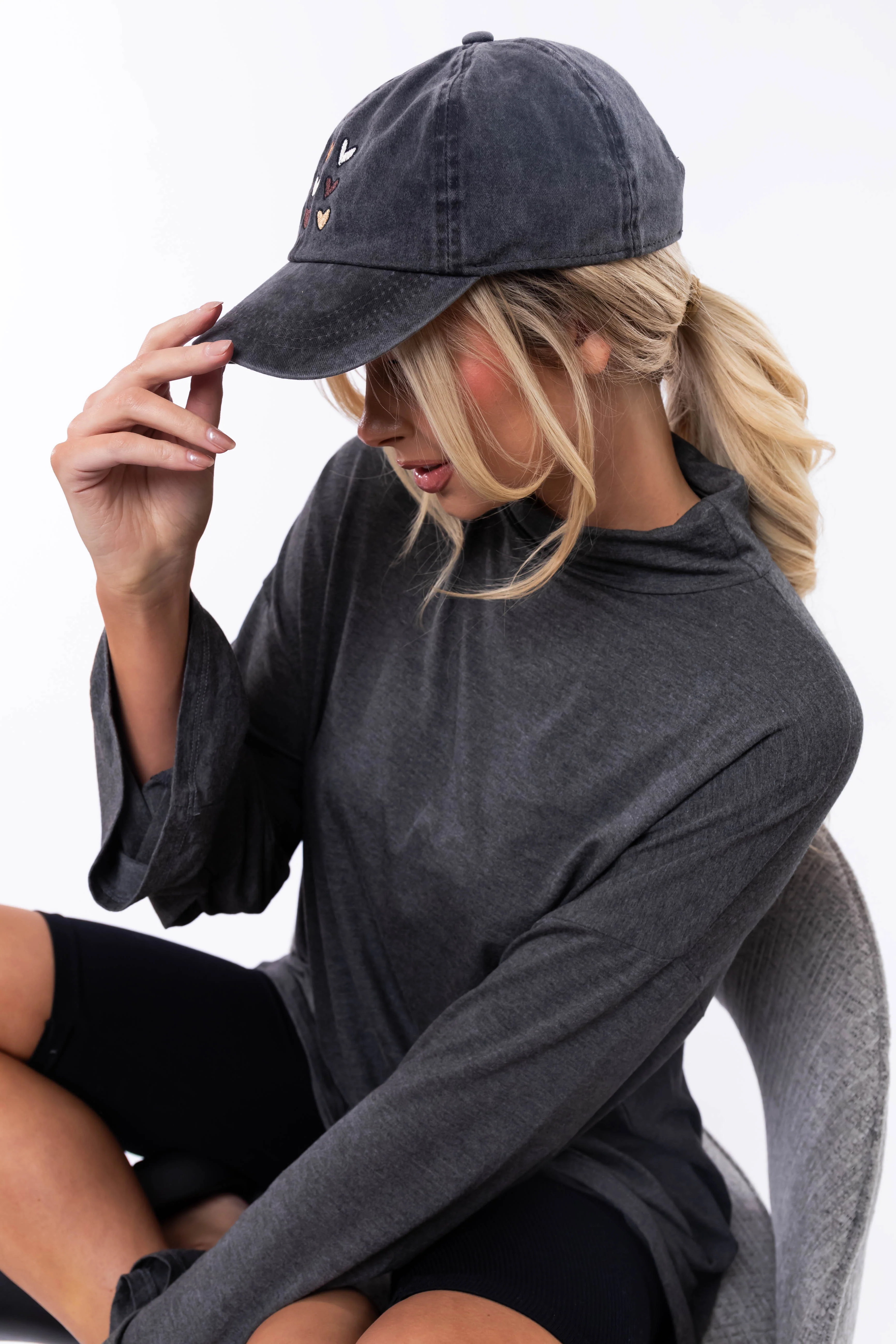 Black Washed 9 Heart Embroidered Baseball Cap - LD SALE