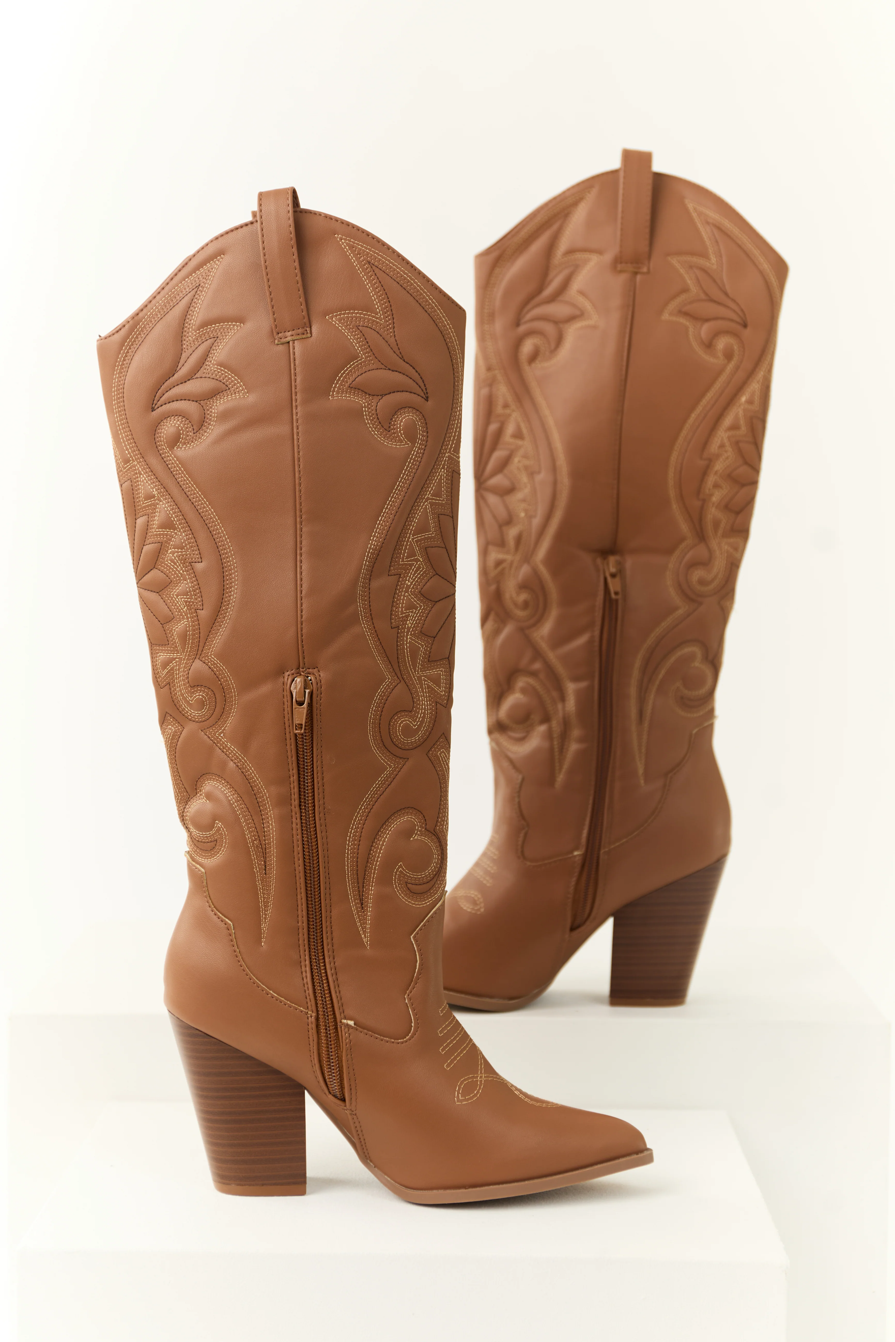 Cognac Knee High Embroidered Western Boots - LD SALE