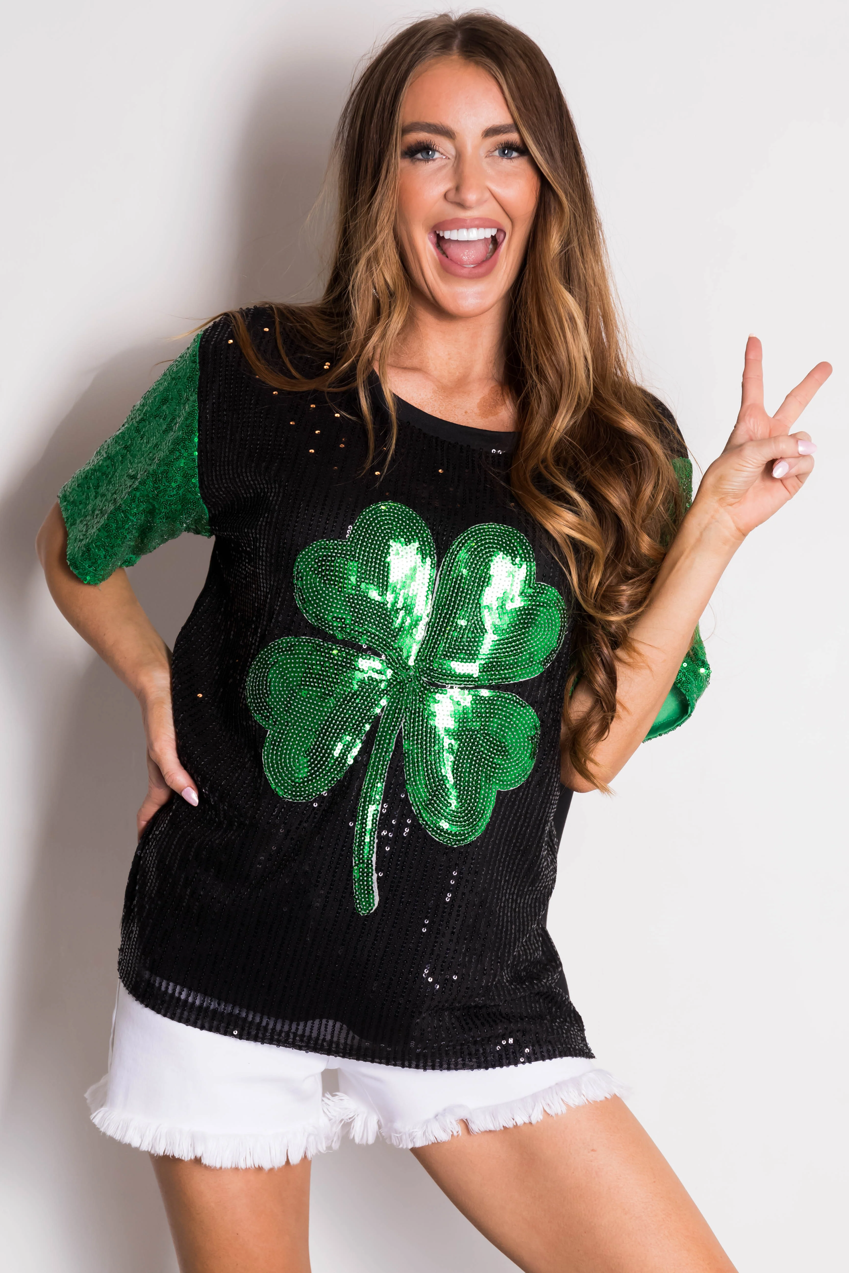 Black Sequined Clover Graphic Half Sleeve Top - LD SALE
