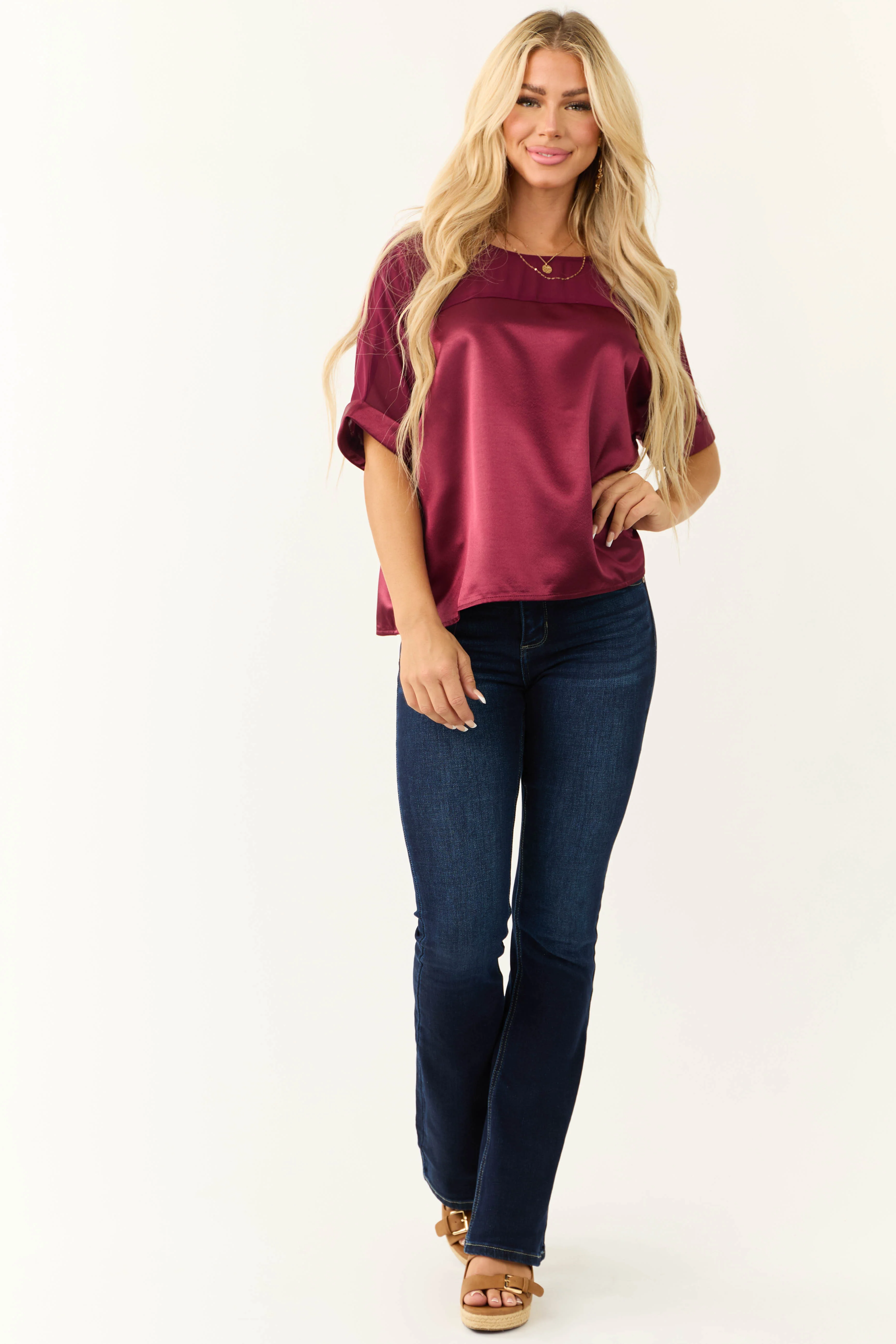 Wine Contrast Yoke Cuffed Sleeve Satin Blouse - LD SALE