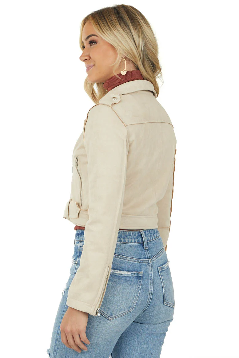 Camel Faux Suede Zip Up Cropped Moto Jacket - LD SALE