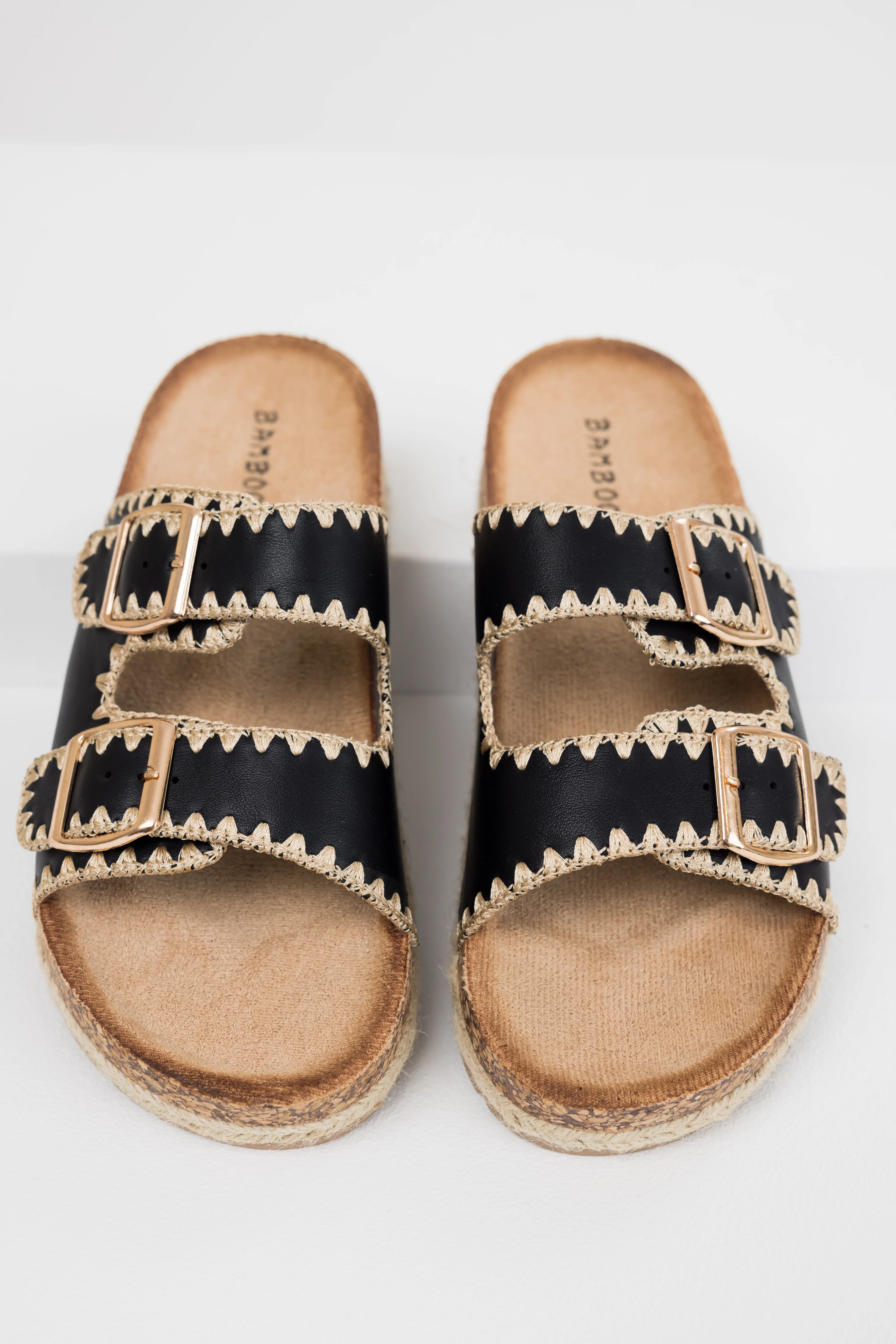 Black Thread Trim Buckle Cork Slide Sandals - LD SALE