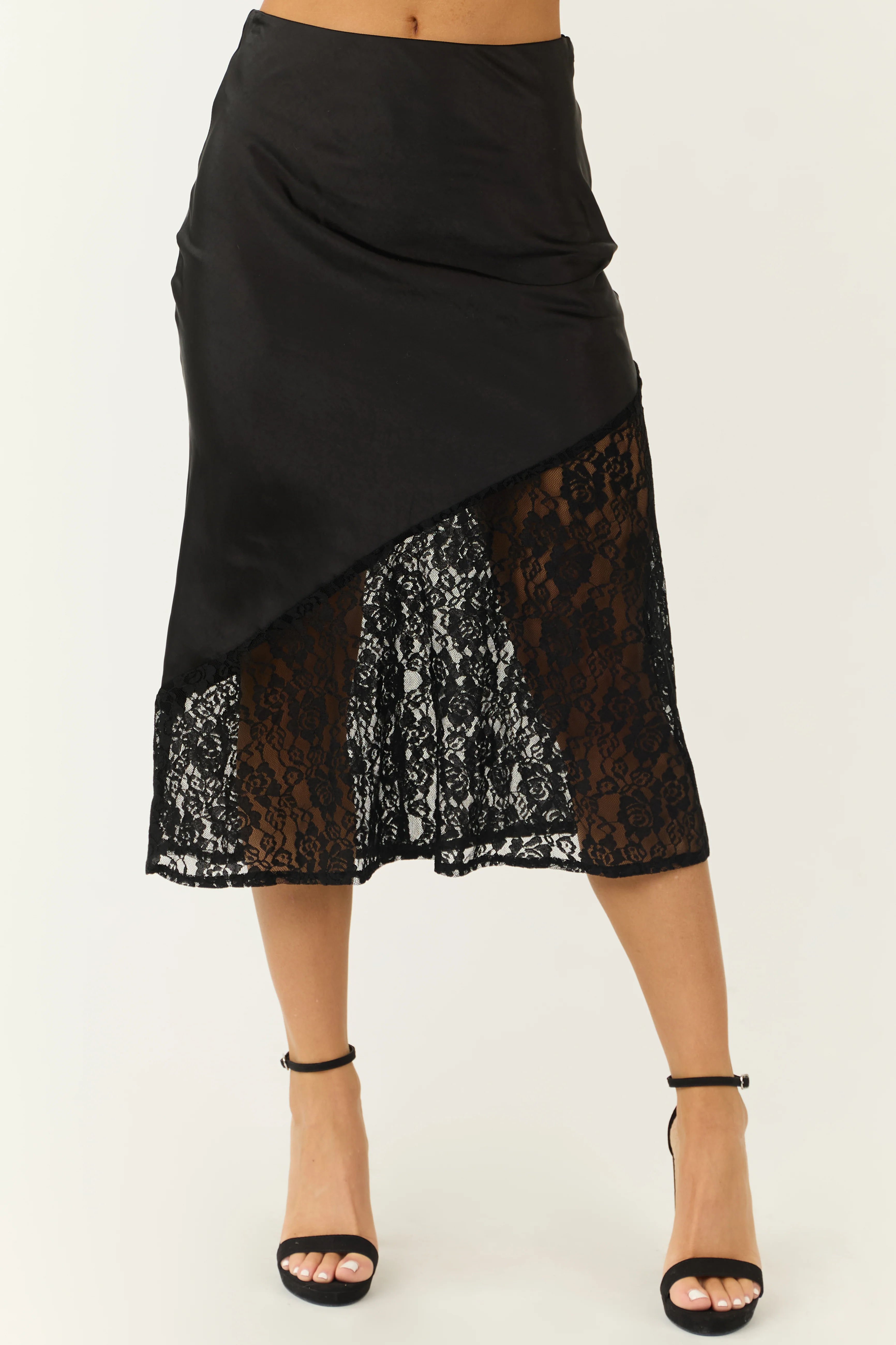 Black Lace Bottom Asymmetrical Midi Skirt - LD SALE