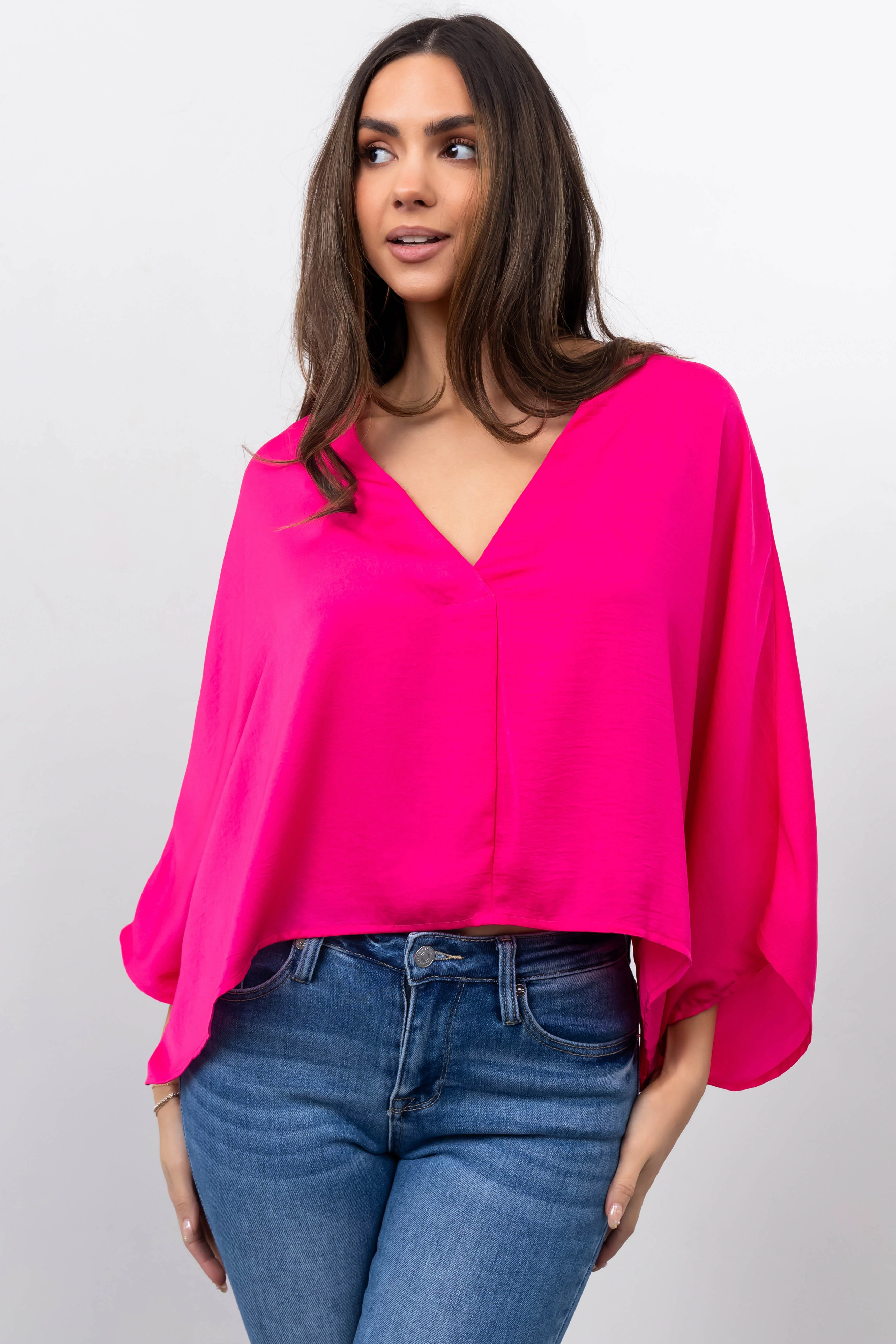 Hot Pink Satin Kimono Sleeve V Neck Crop Top - LD SALE