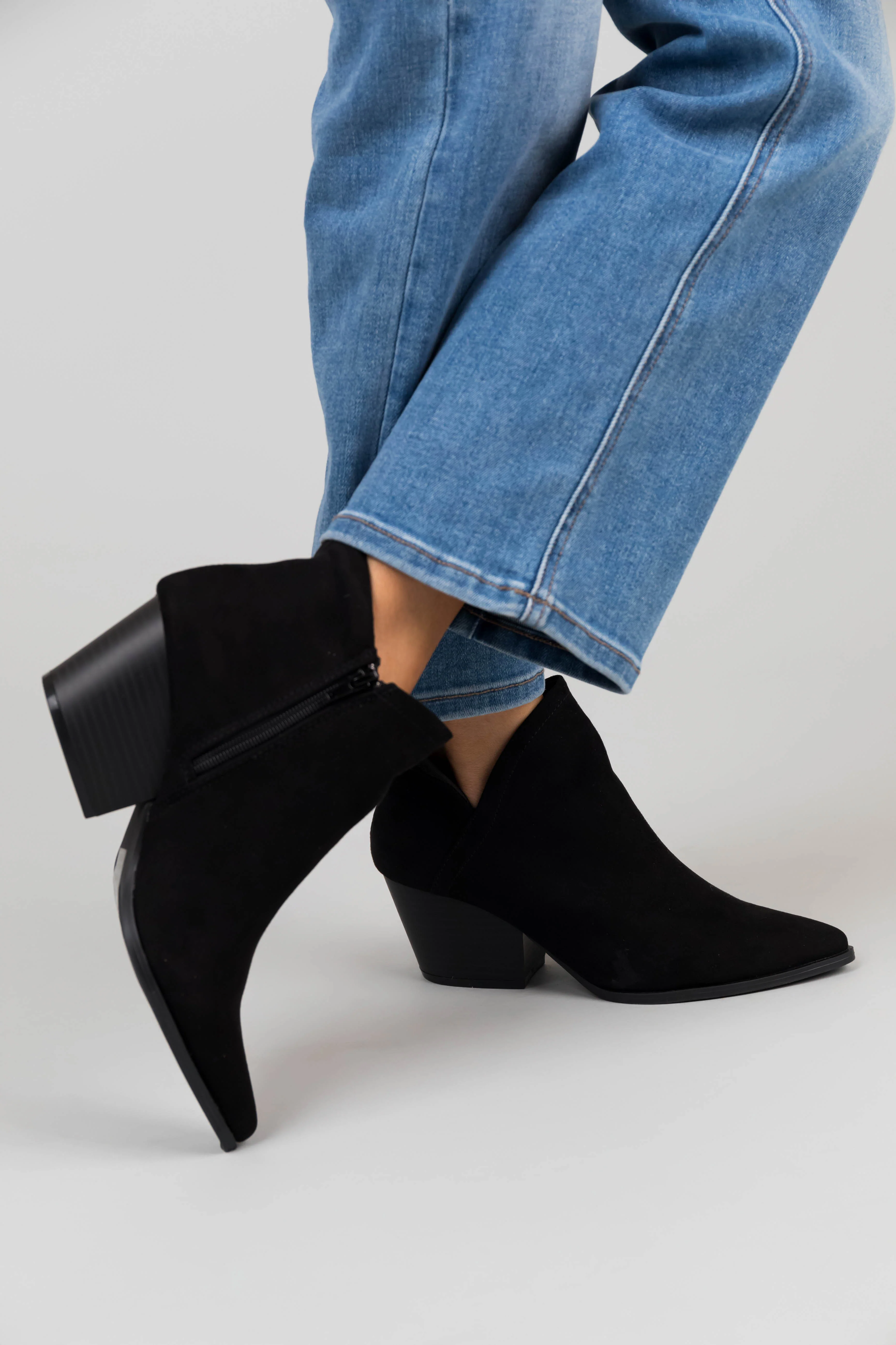 Black Suede Pointed Toe Side Slit Booties - LD SALE