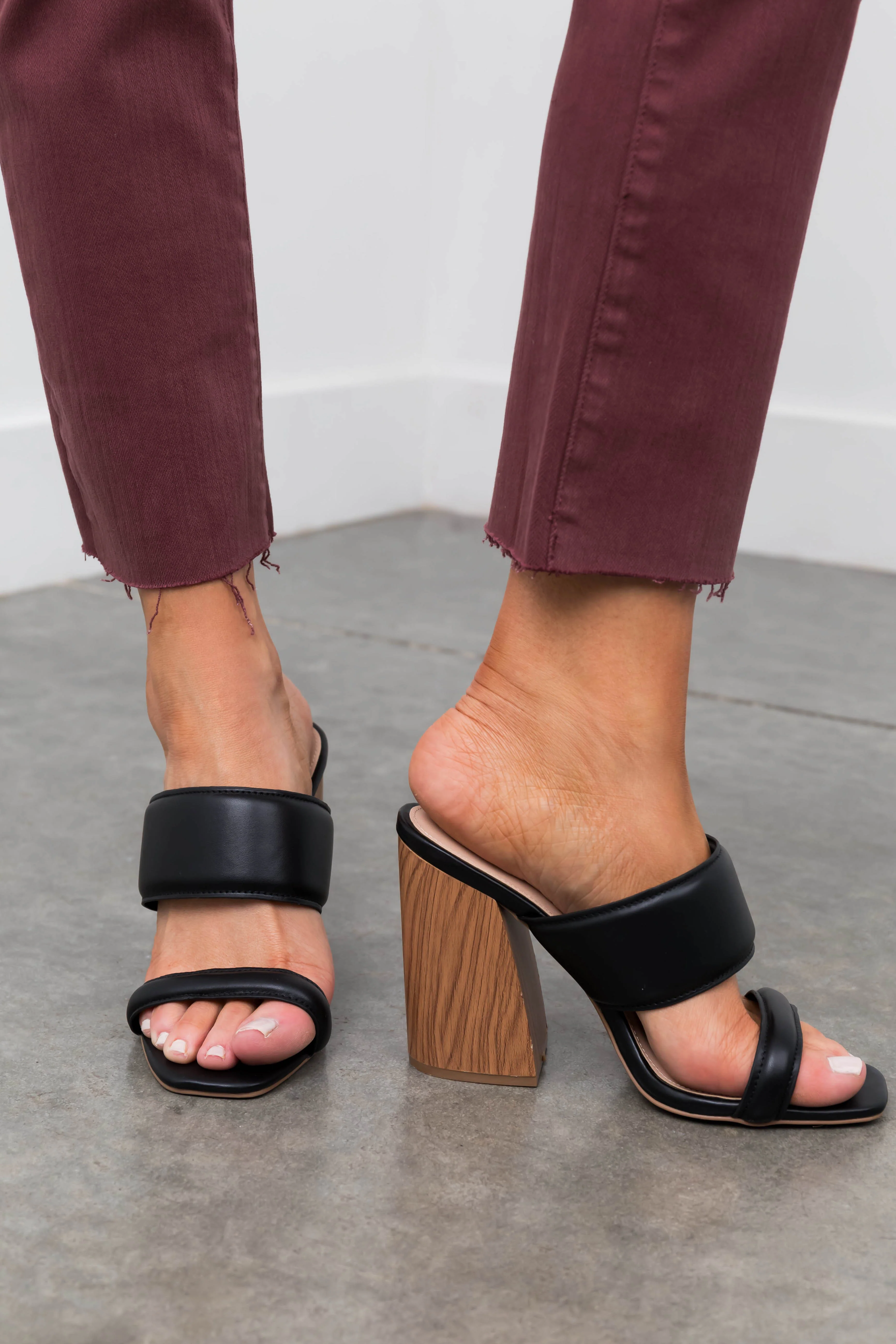Black Dual Band Slip On Wood High Heels - LD SALE