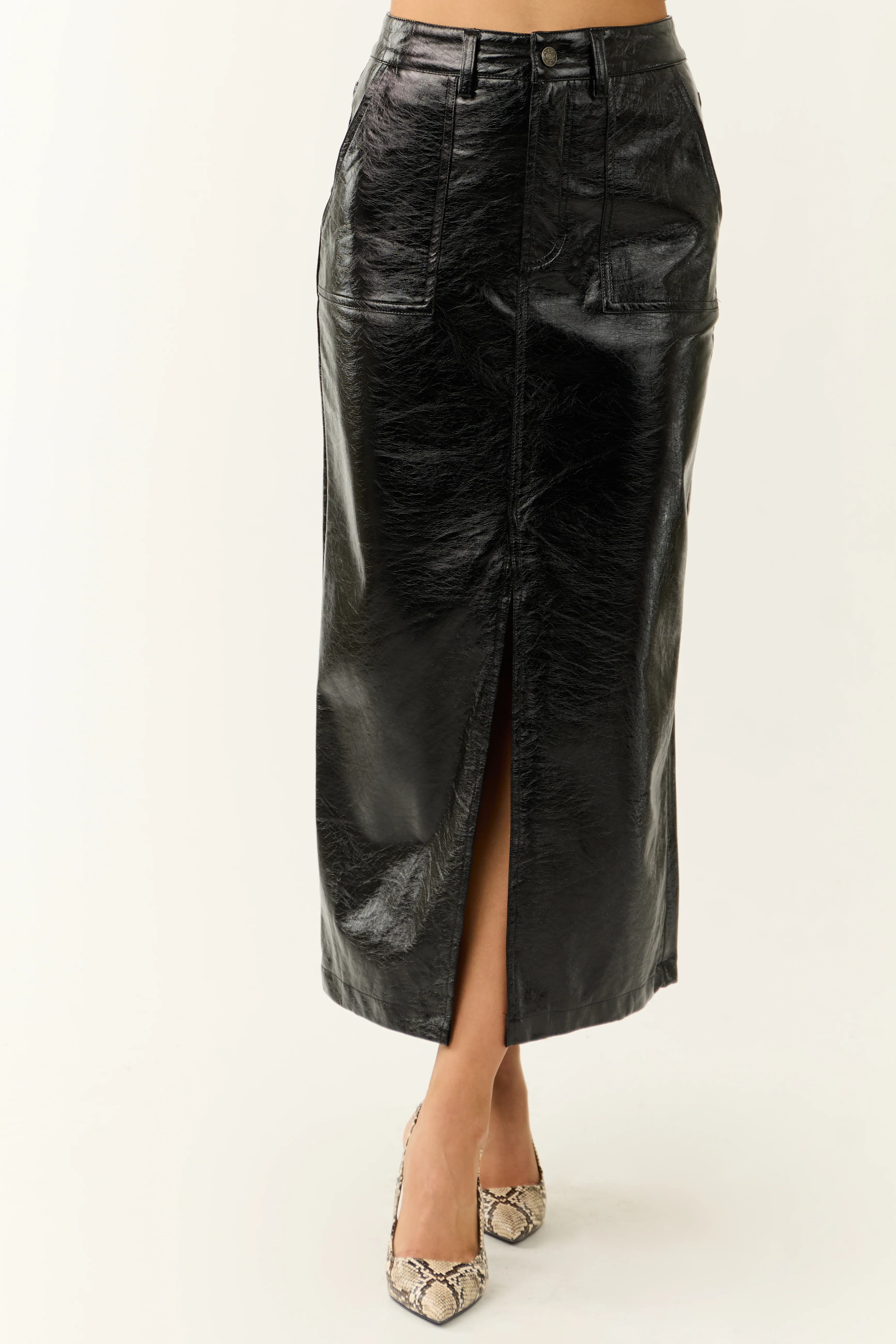 Black Shiny Faux Leather Front Slit Midi Skirt - LD SALE