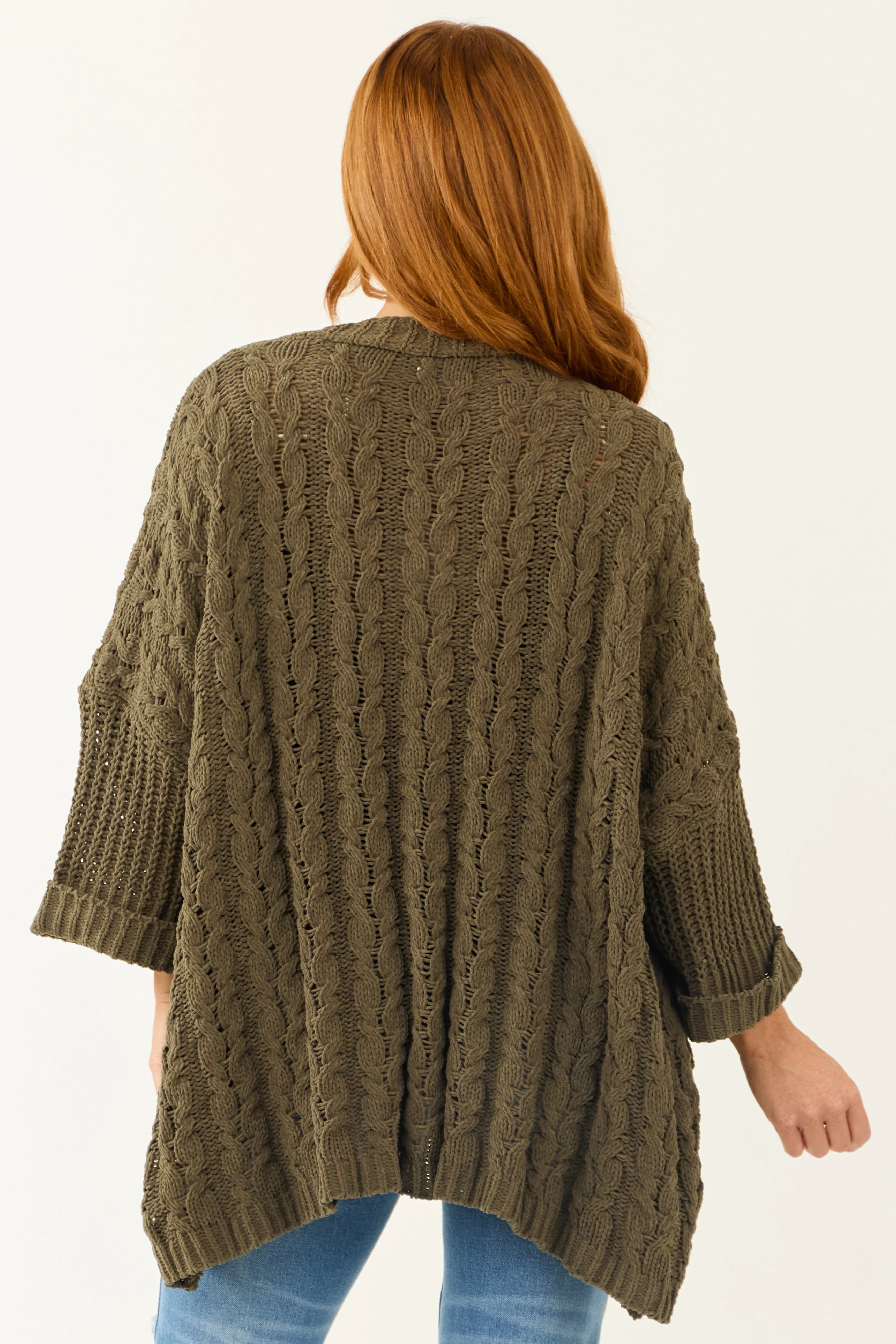 Army Green Cable Knit 3/4 Sleeve Cardigan - LD SALE