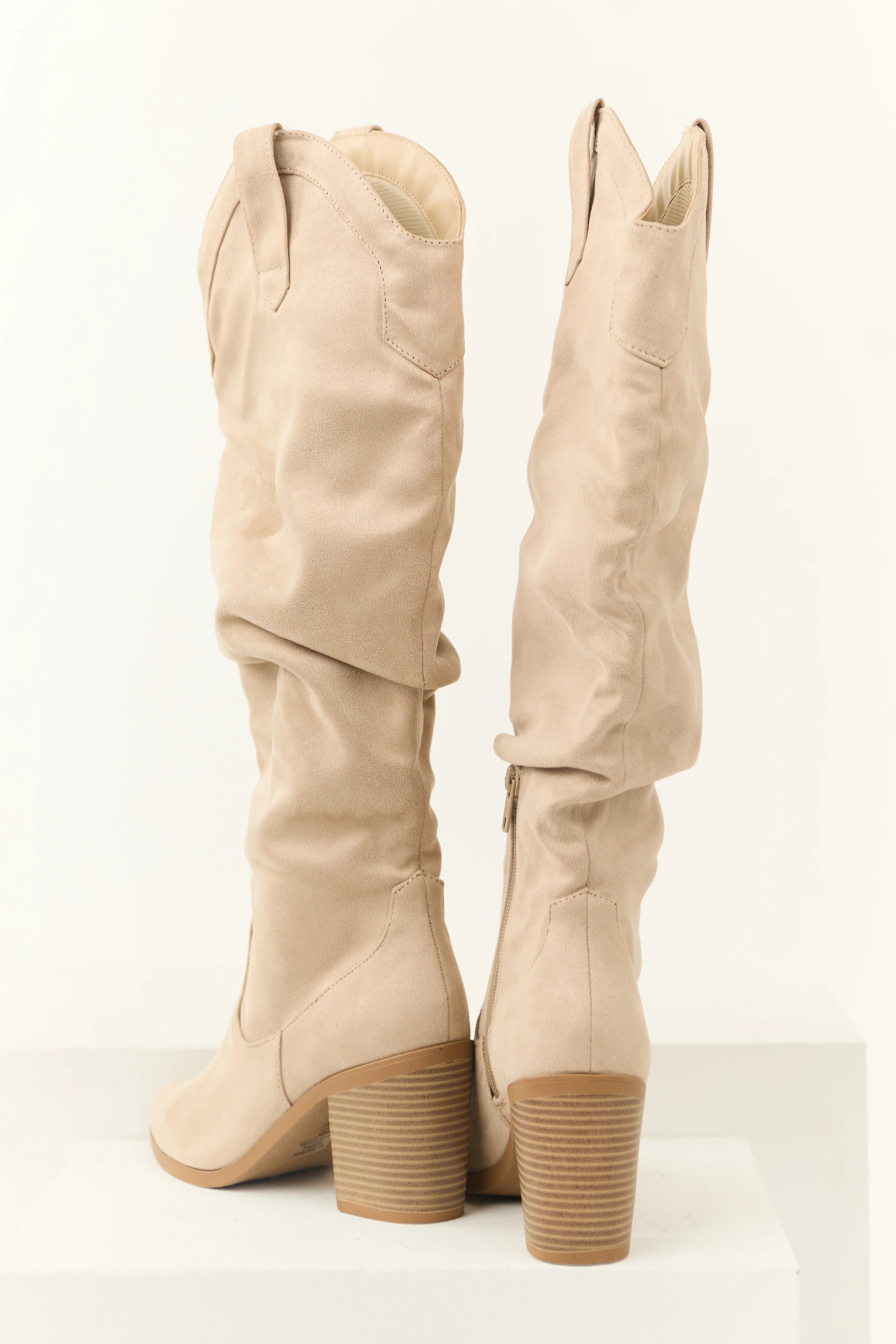 Almond Faux Suede Slouchy Knee High Heeled Boots - LD SALE