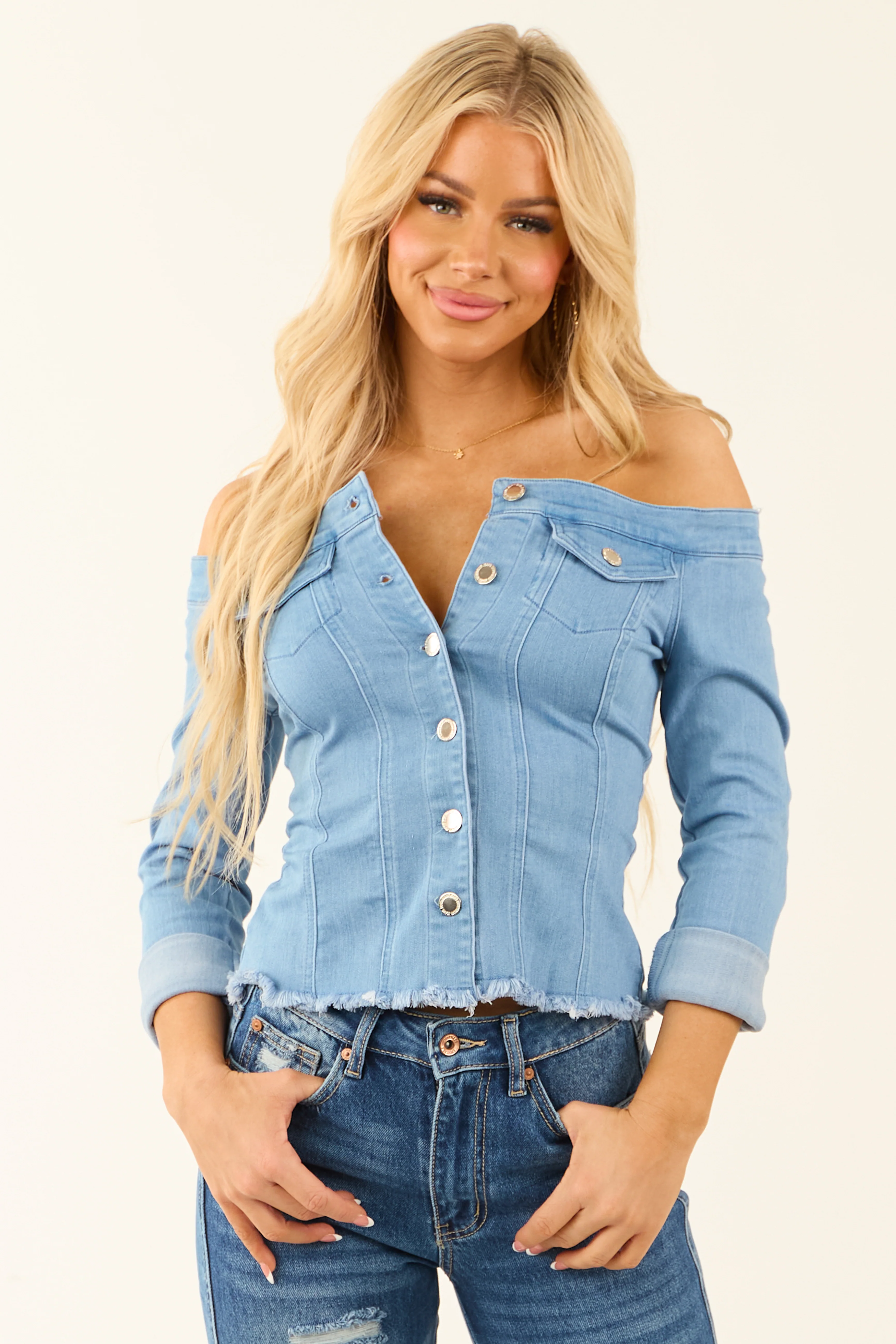Medium Wash Off Shoulder Distressed Hem Denim Top - LD SALE