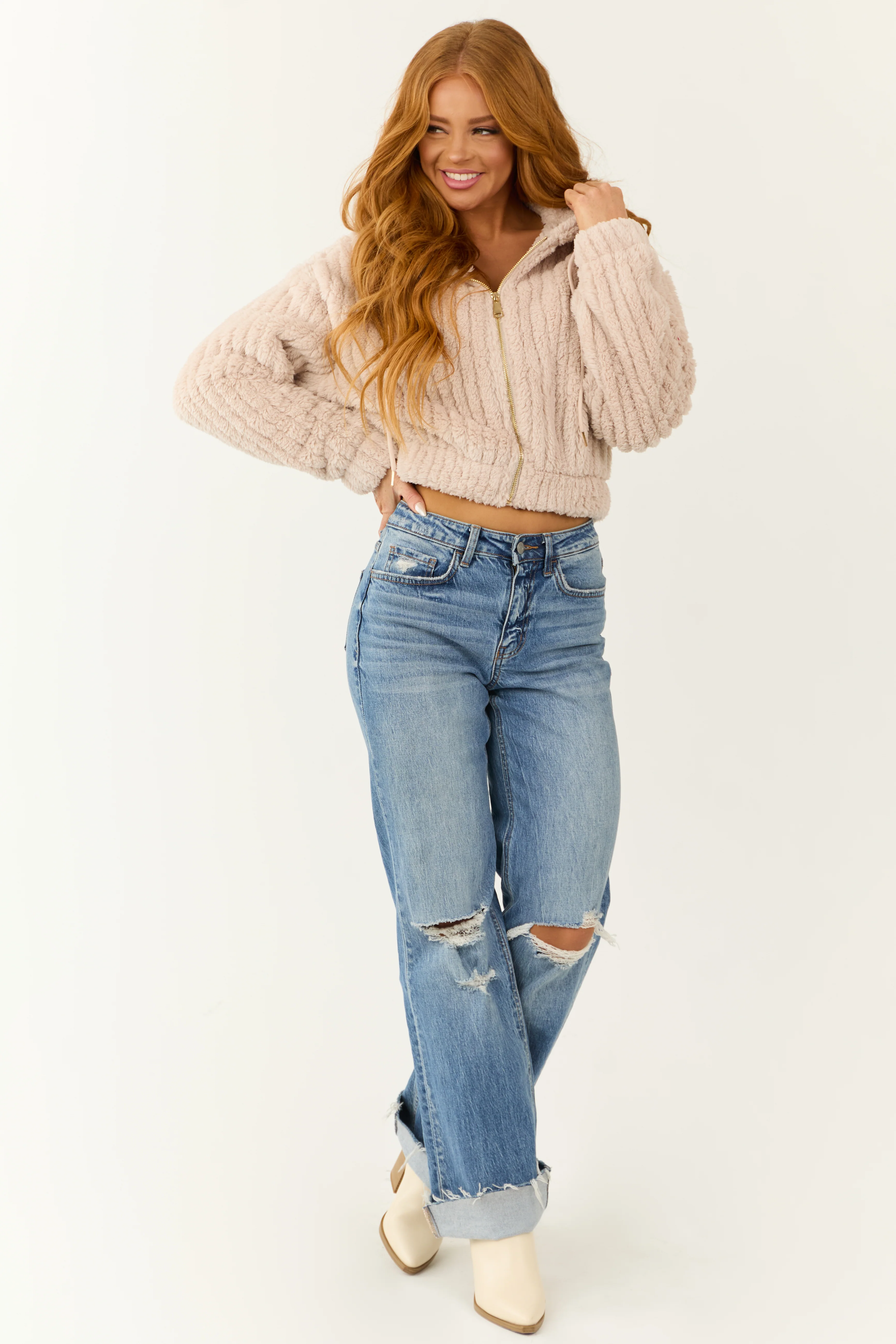 Dusty Blush Hooded Ribbed Faux Fur Jacket - LD SALE