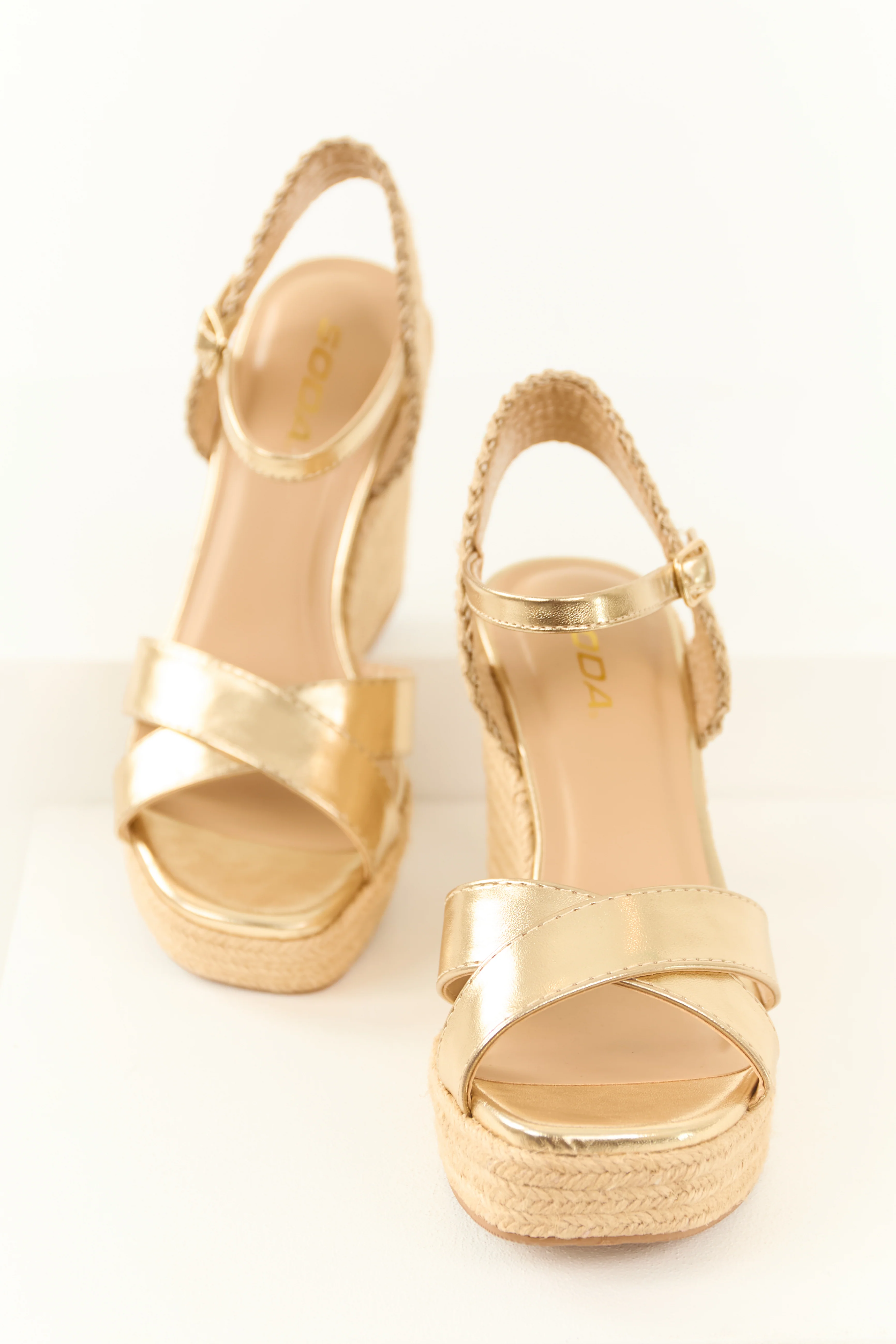 Gold Cross Strap Platform Espadrille Wedges - LD SALE