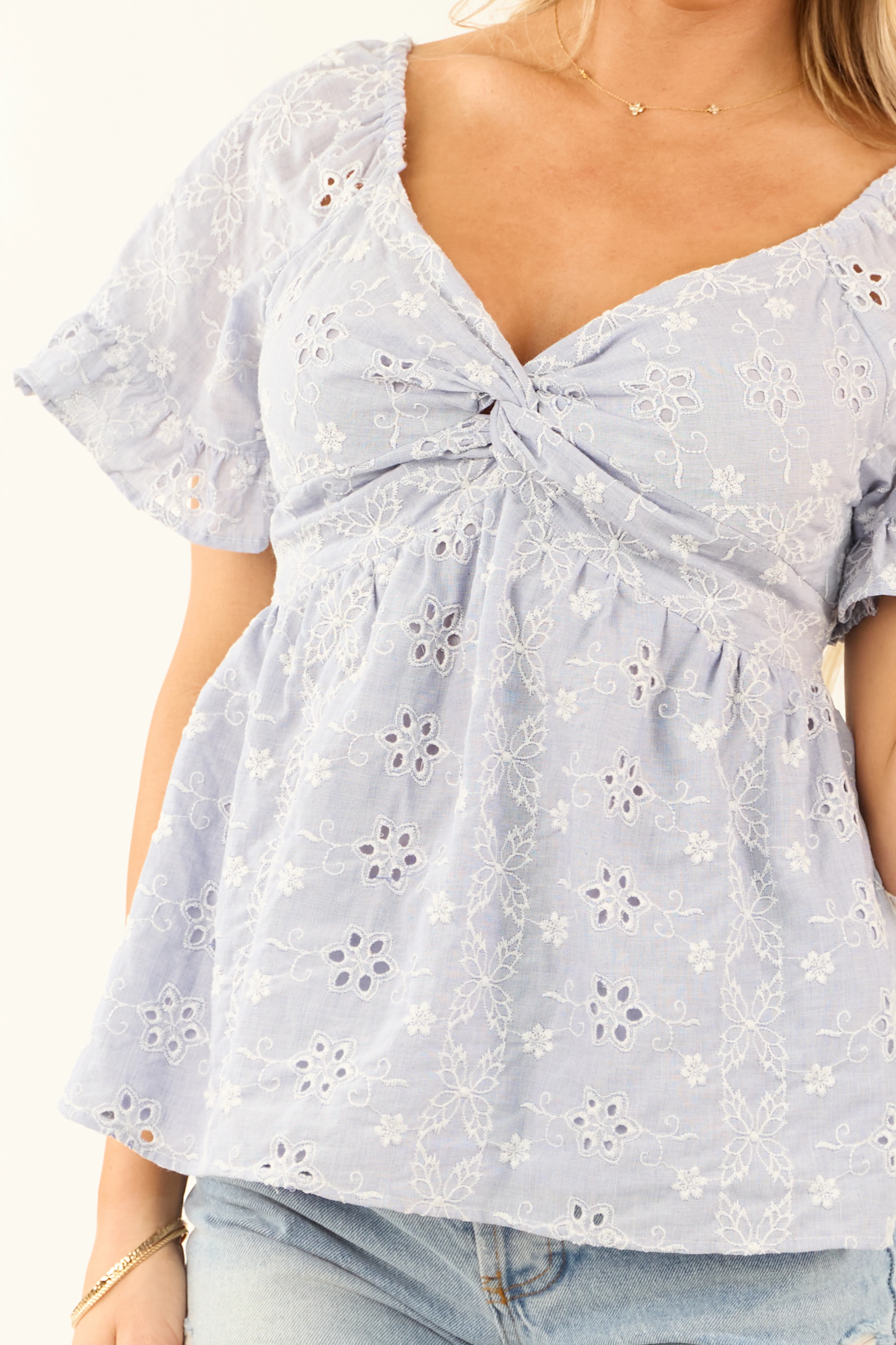 Periwinkle Flutter Sleeve Floral Stitch Lace Blouse - LD SALE