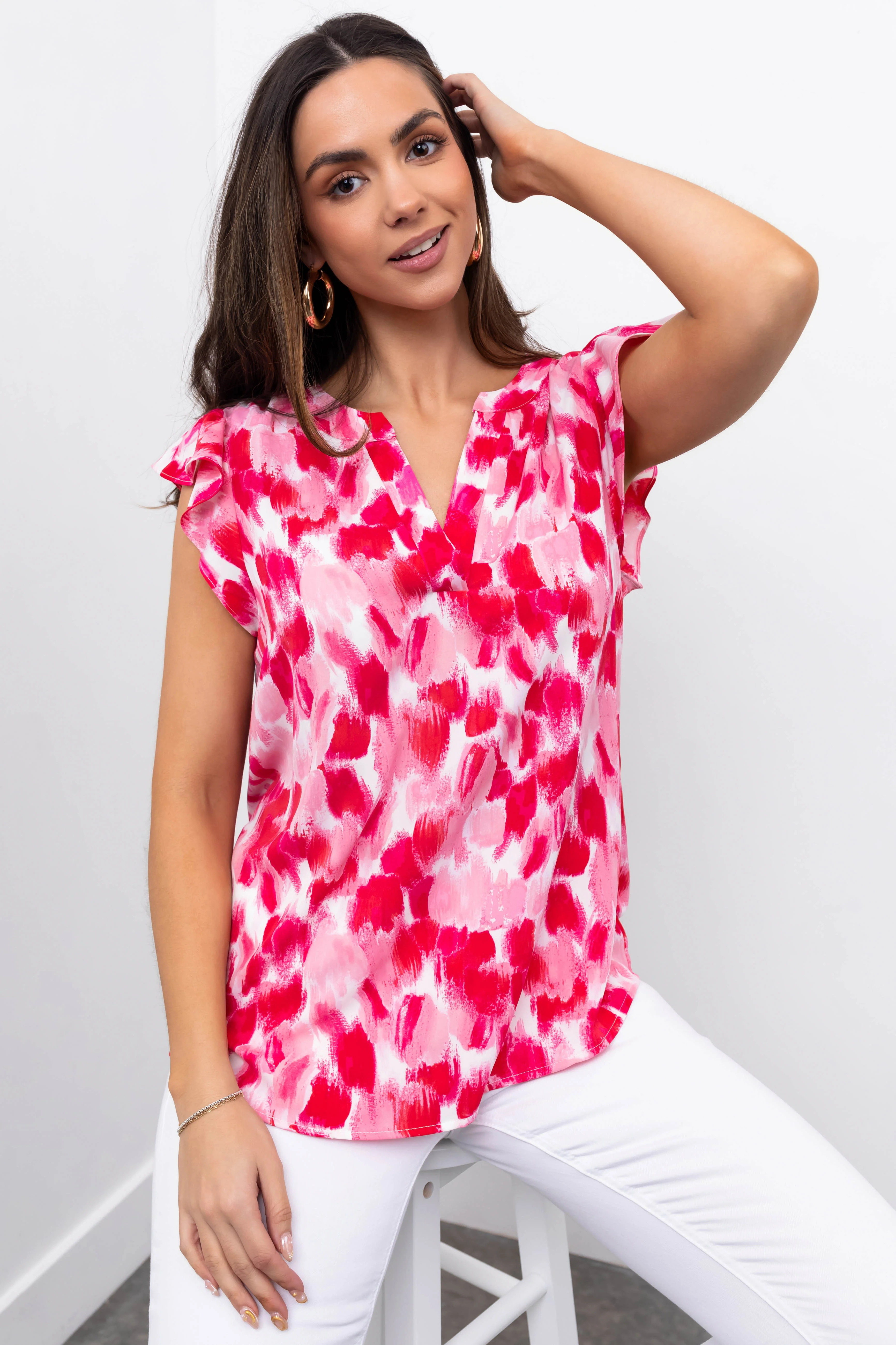 Hot Pink Brush Stroke Notch Neck Ruffle Sleeve Top - LD SALE