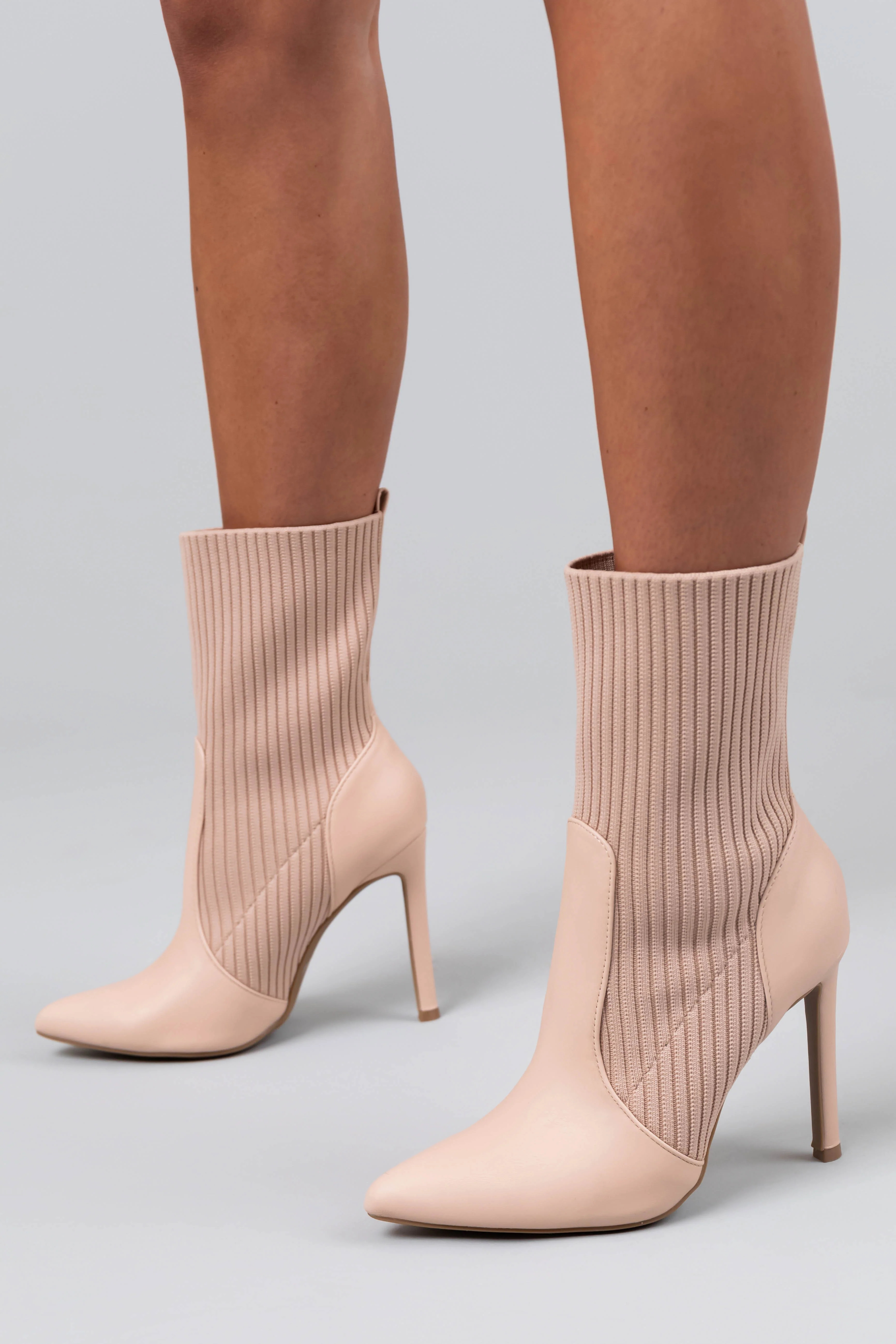 Nude Ribbed Knit Pointed Toe High Heel Booties - LD SALE