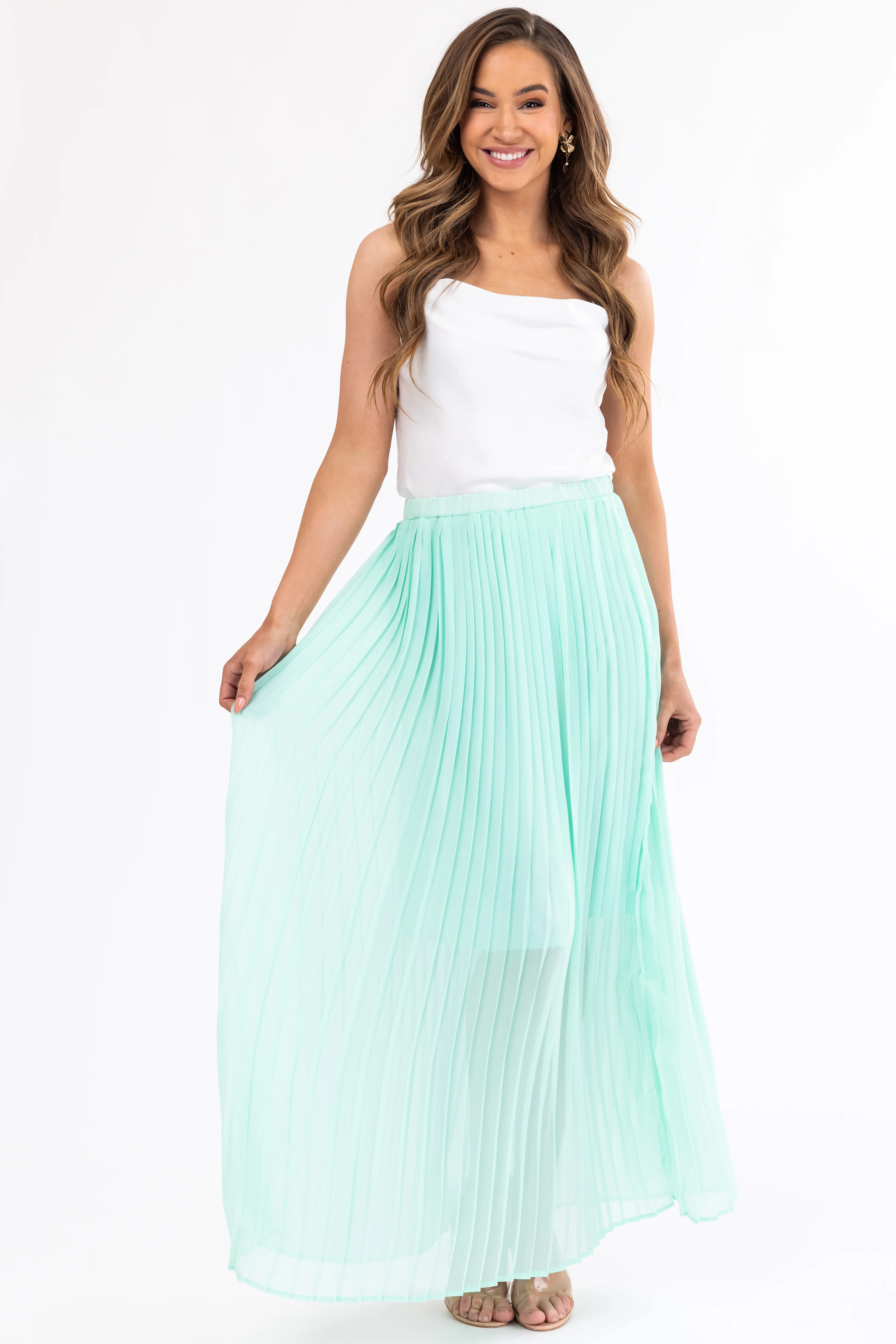 Seafoam Pleated Chiffon Elastic Waist Maxi Skirt - LD SALE