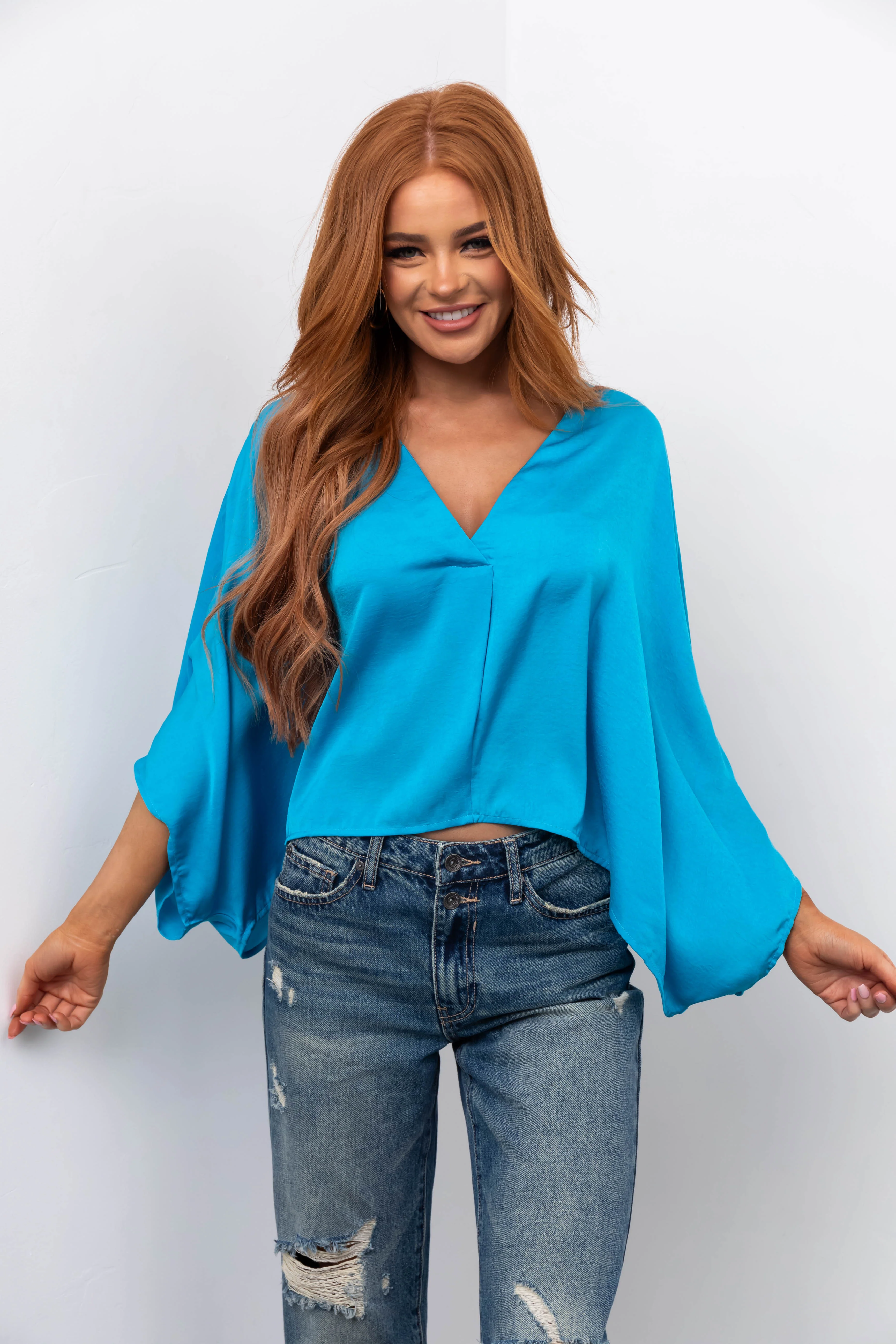 Azure Satin Kimono Sleeve V Neck Crop Top - LD SALE