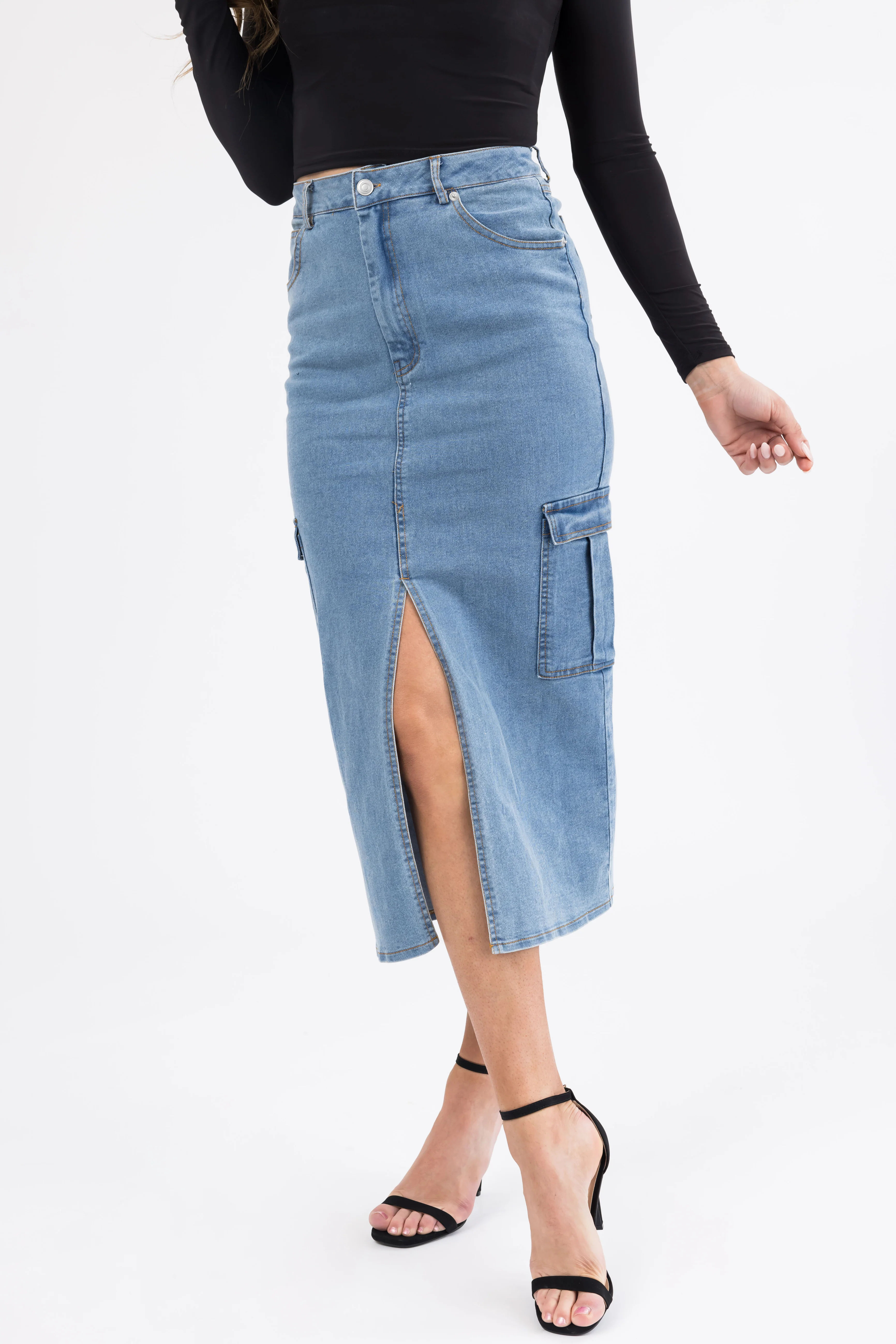 Medium Wash Denim Midi Skirt with Slit - LD SALE
