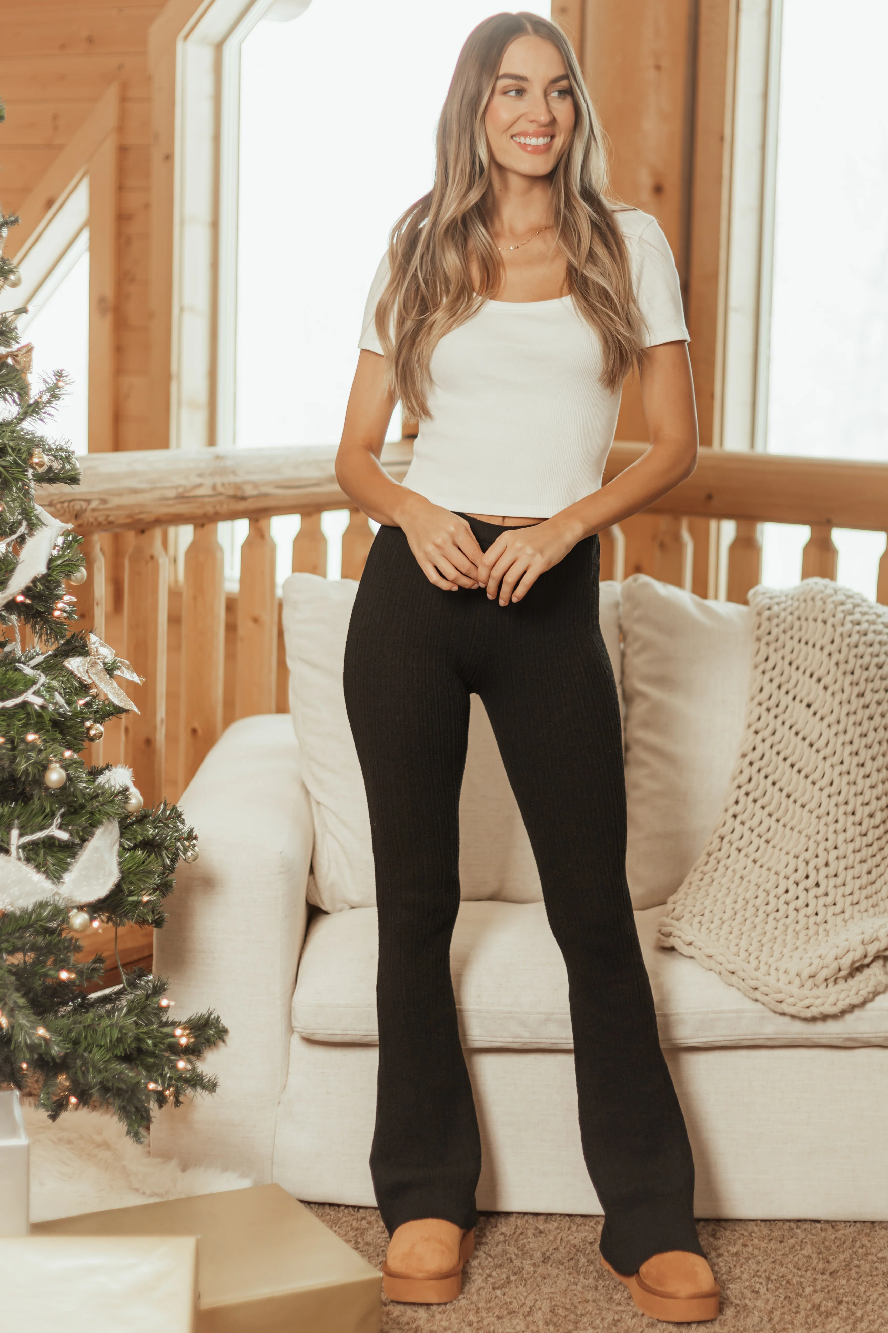 Black Flare Leg Stretchy Ribbed Knit Pants - LD SALE