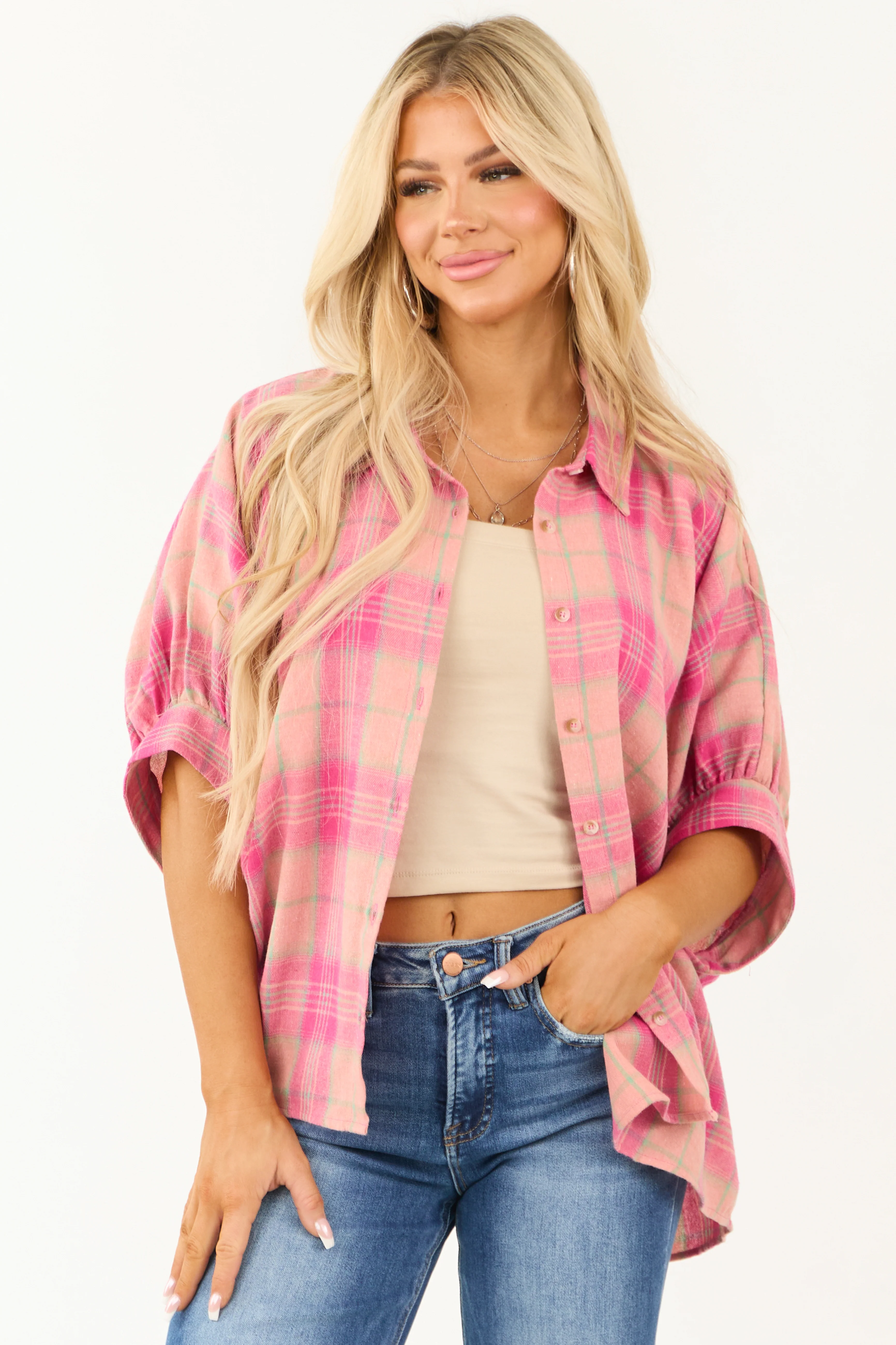Punch Plaid Oversized Button Up Half Sleeve Shirt - LD SALE