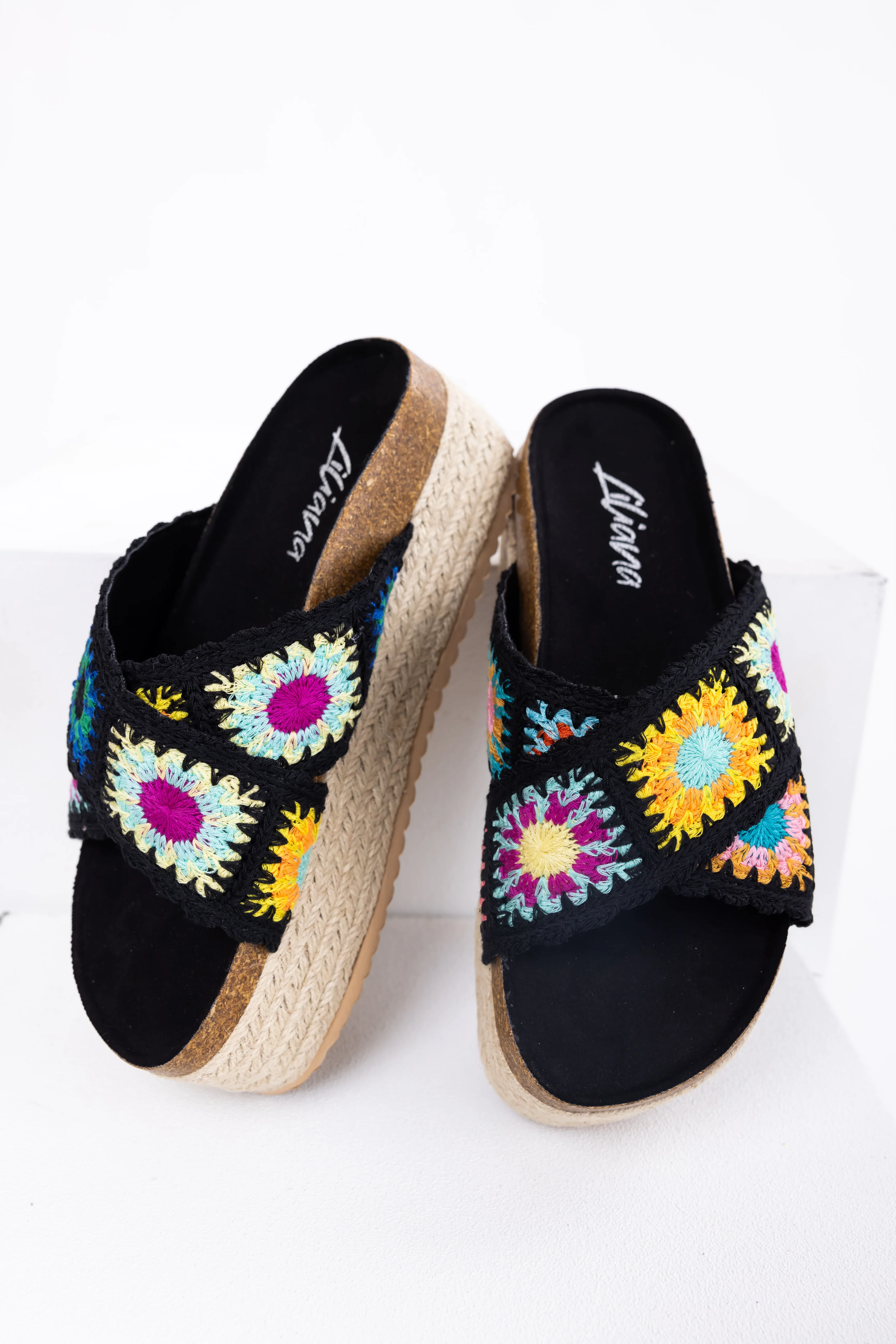 Black Multicolor Crochet Espadrille Sandals - LD SALE