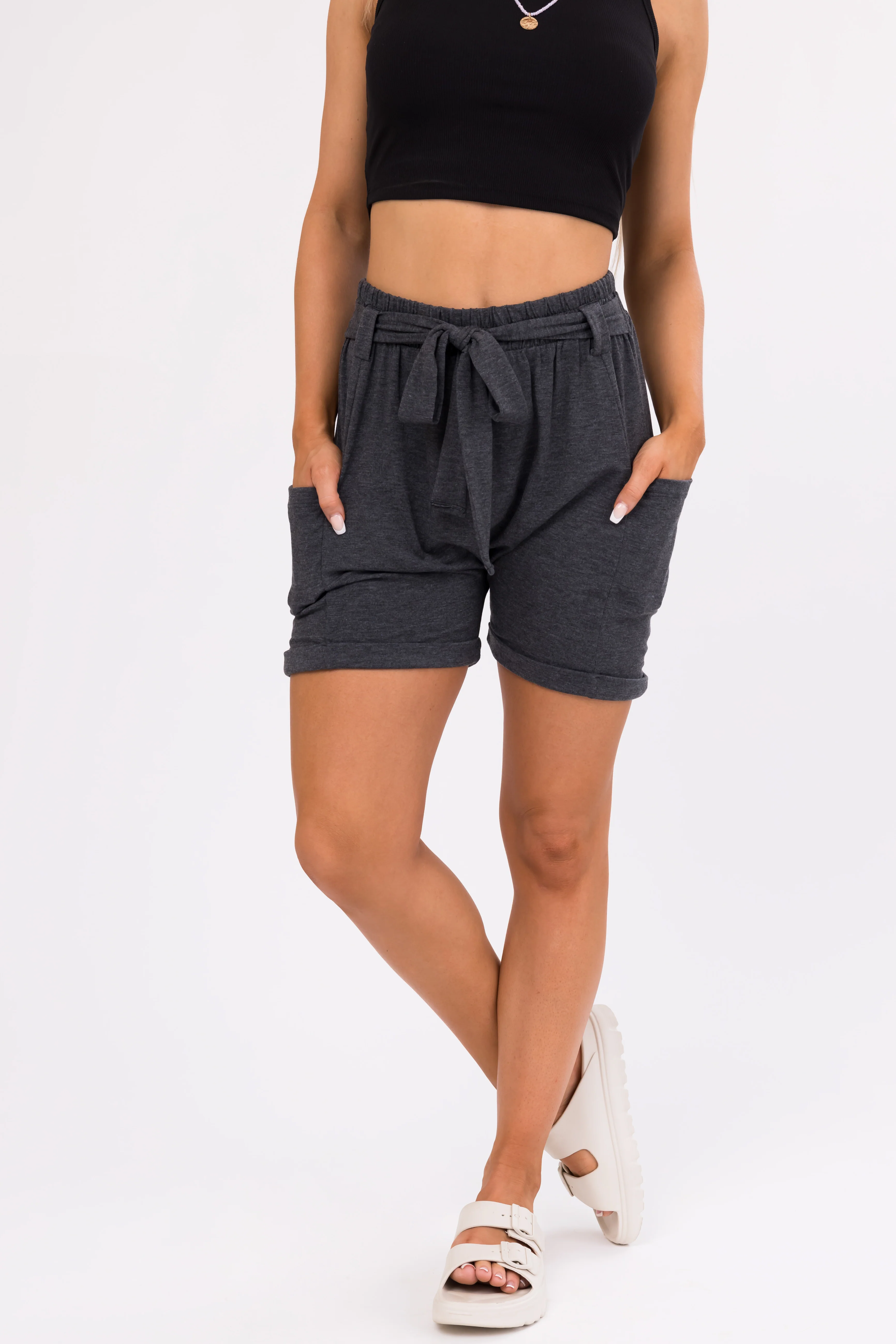 Charcoal Front Tie Knit Shorts - LD SALE