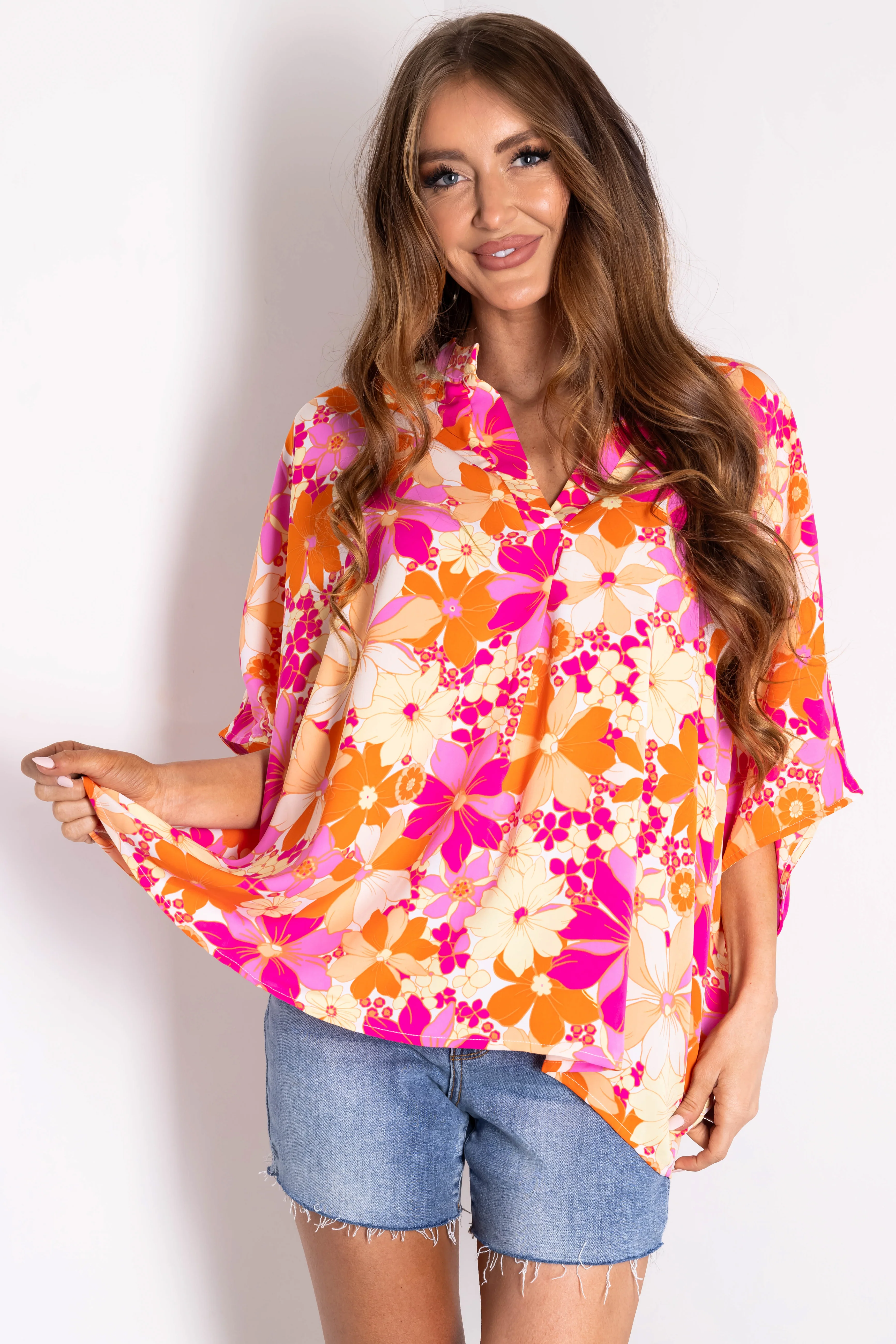Ivory Floral Print V Neck Half Sleeve Top - LD SALE