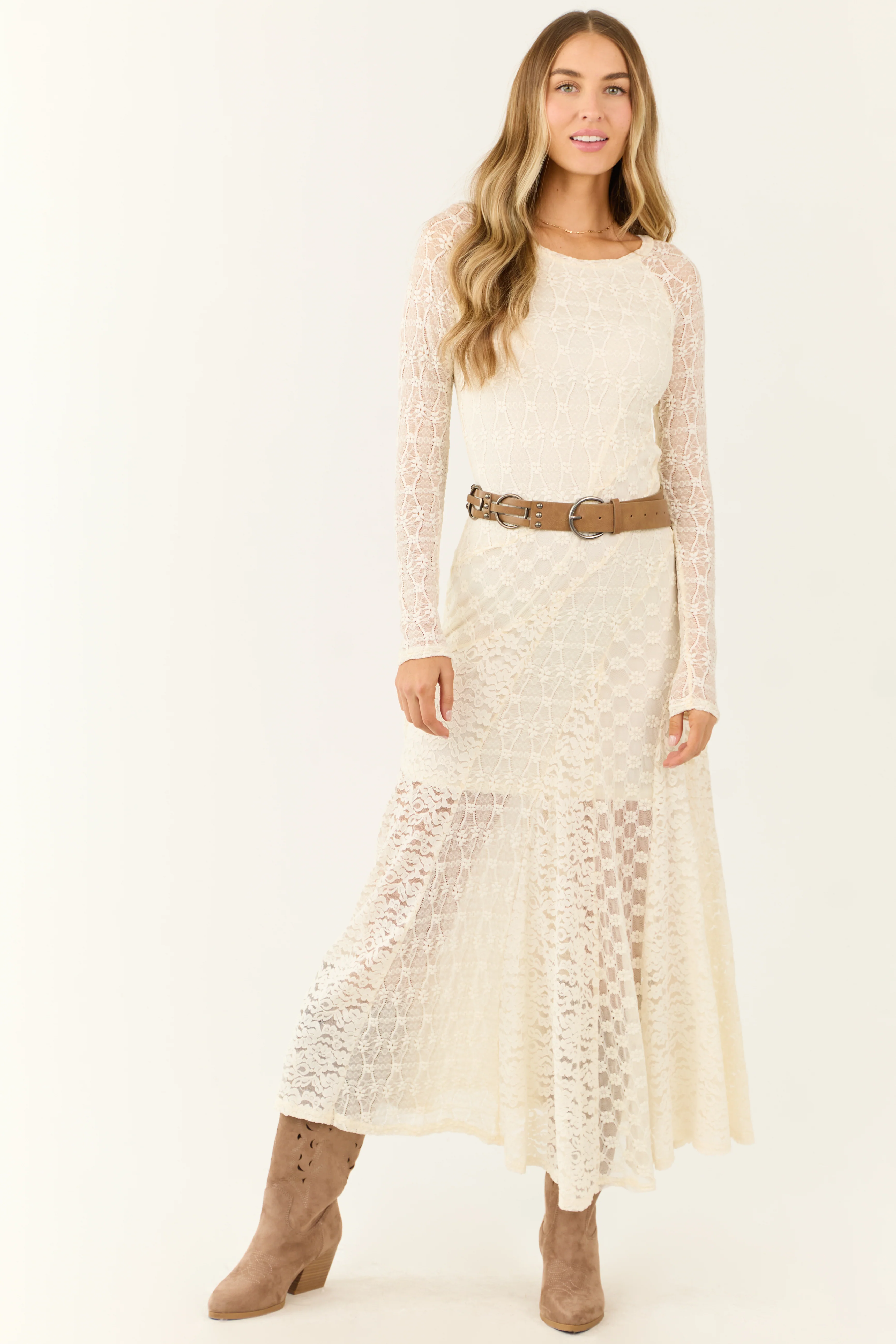 Cream Floral Lace Long Sleeve Maxi Dress - LD SALE