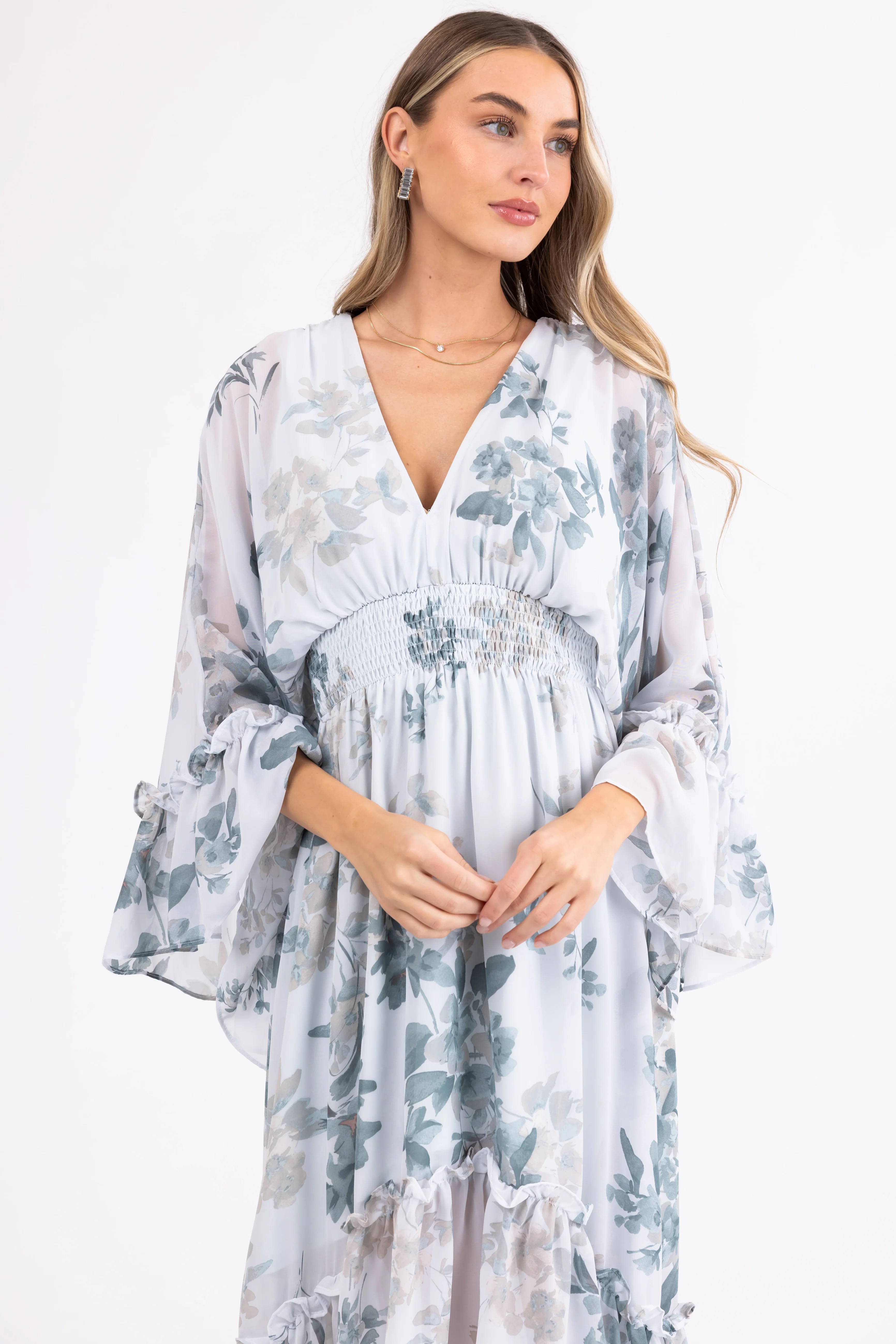 Arctic Blue Floral Print V Neck Midi Dress - LD SALE