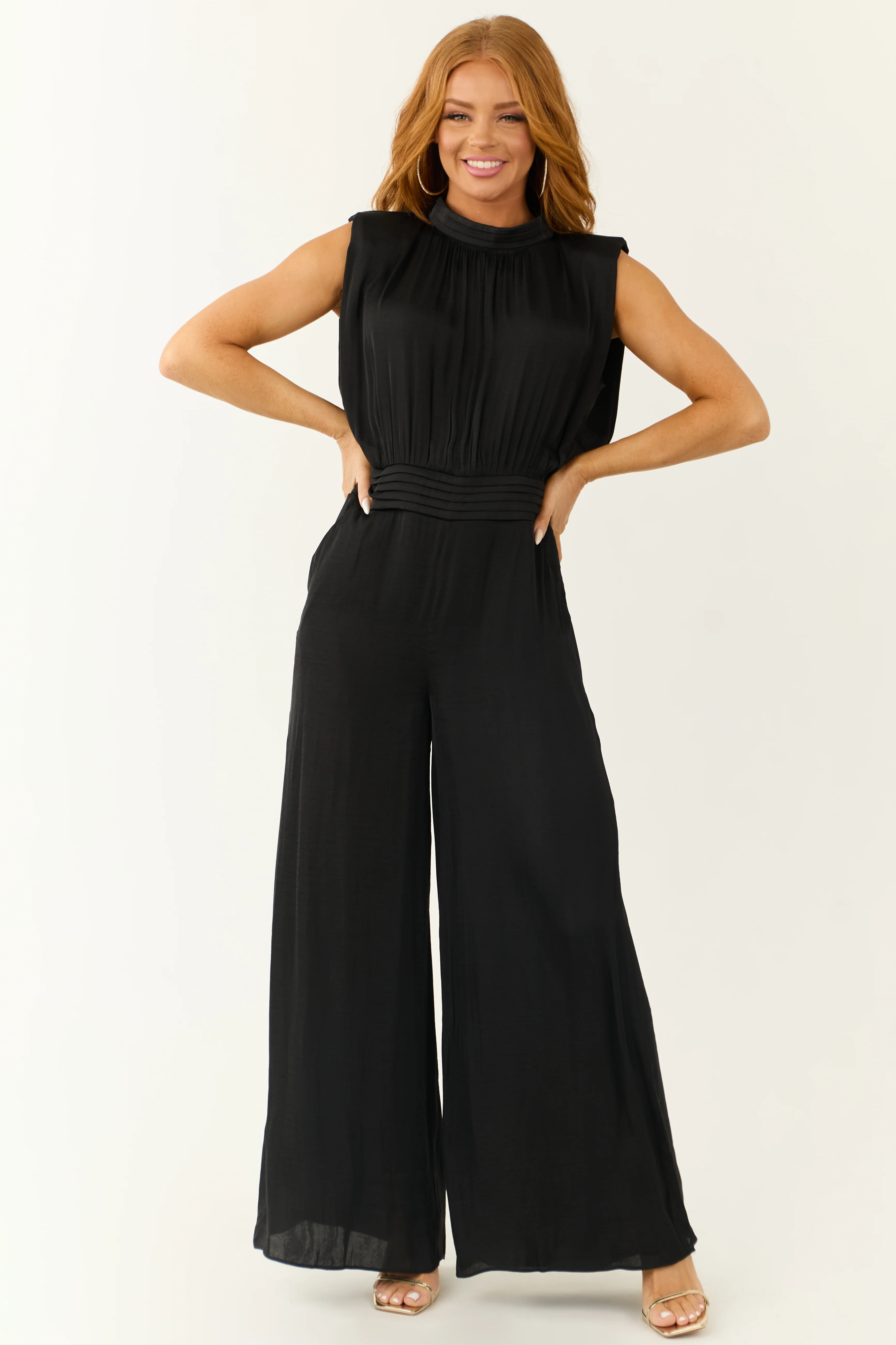 Black Sleeveless Wide Leg Silky Jumpsuit - LD SALE