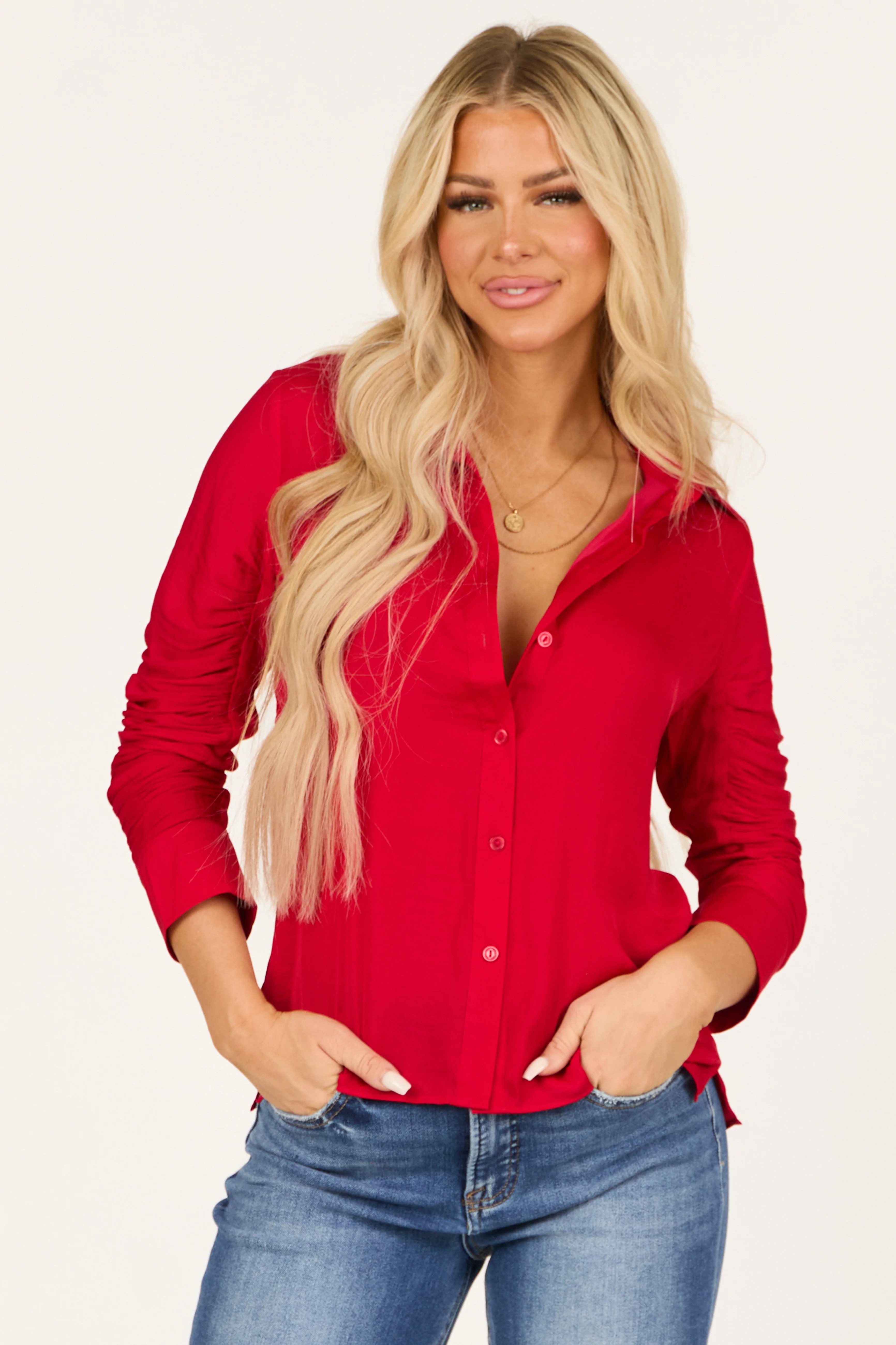 Candy Apple Red Ruched Long Sleeve Top - LD SALE