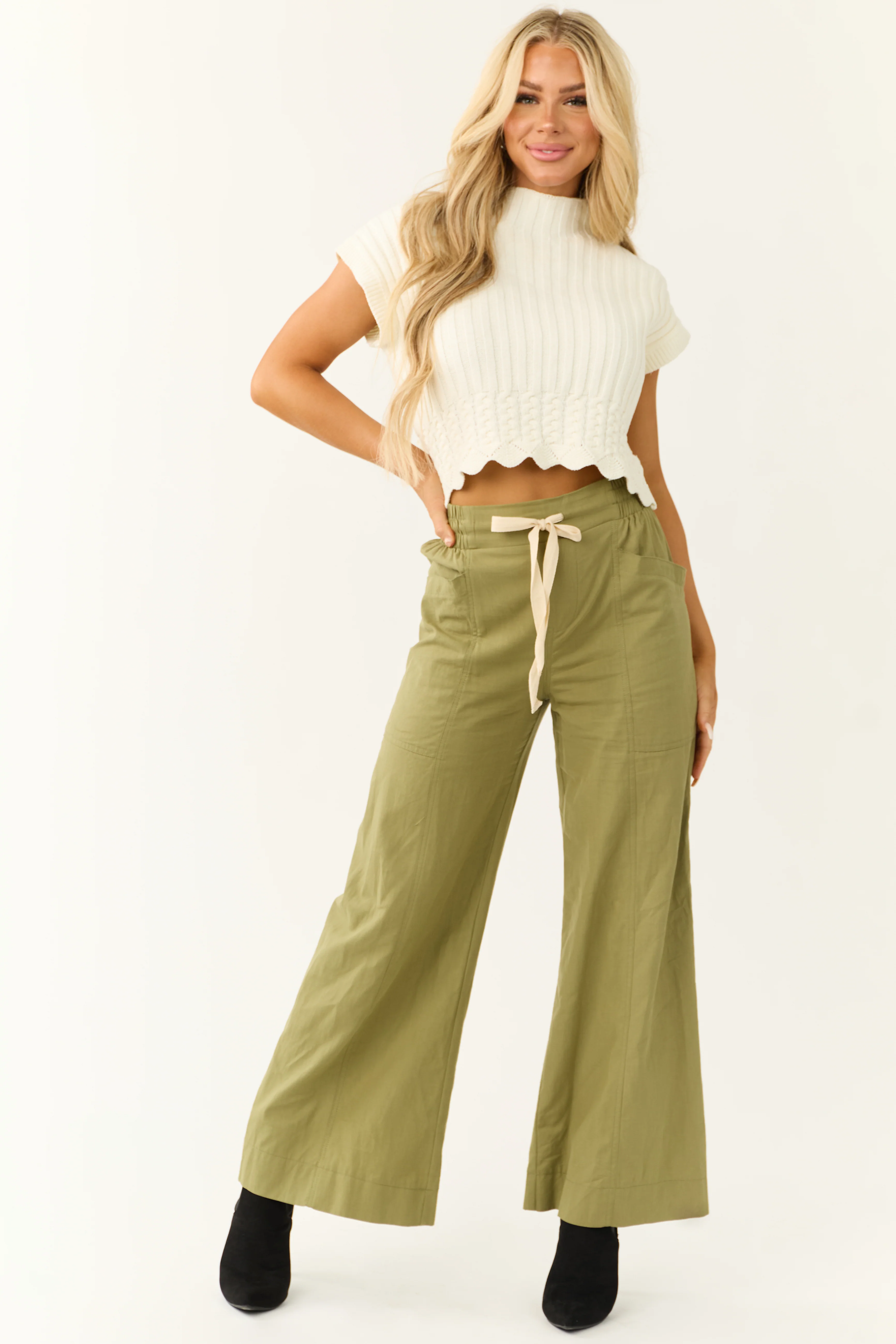 Dark Pistachio Wide Leg Drawstring Waist Pants - LD SALE