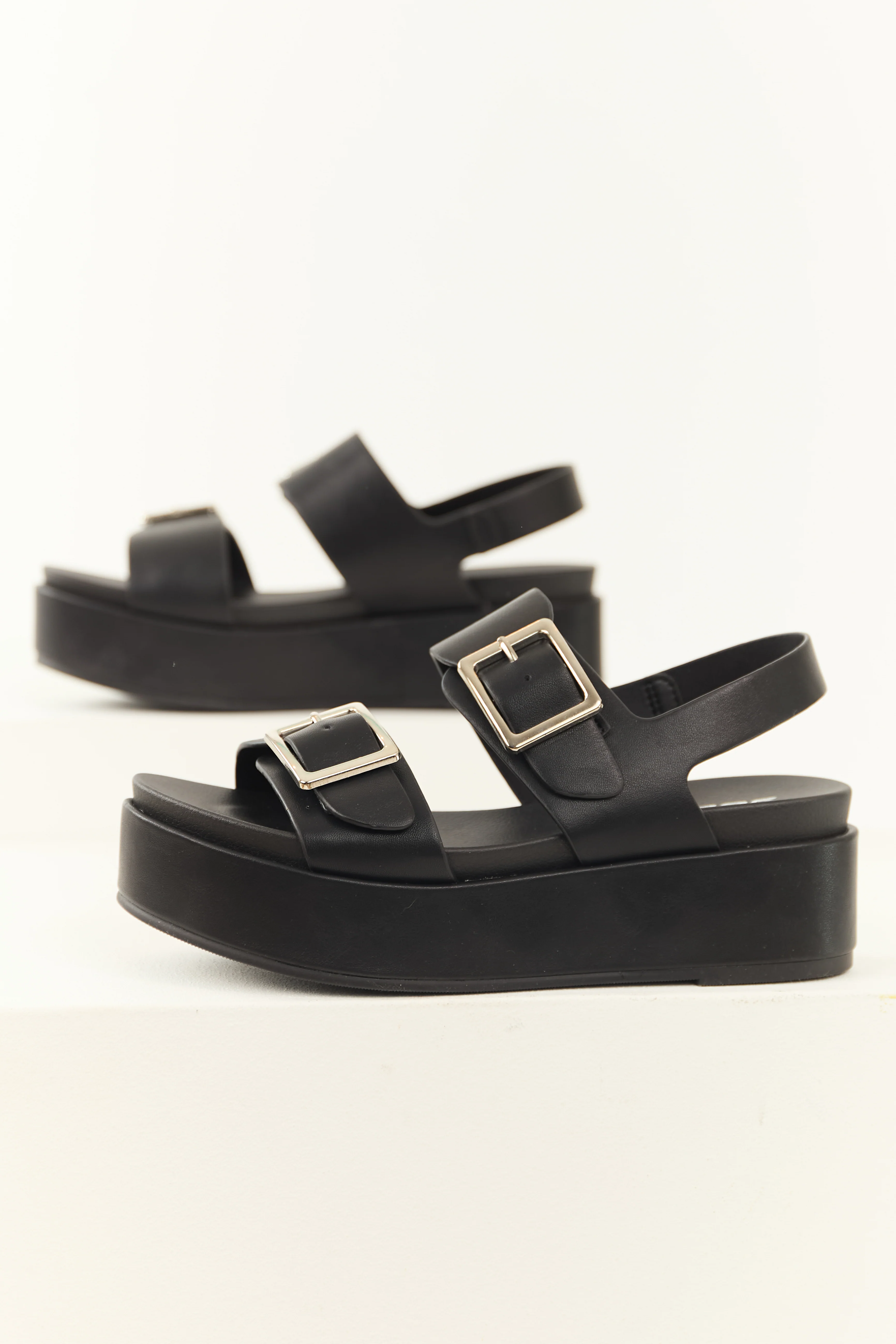 Black Faux Leather Silver Buckle Platform Sandals - LD SALE