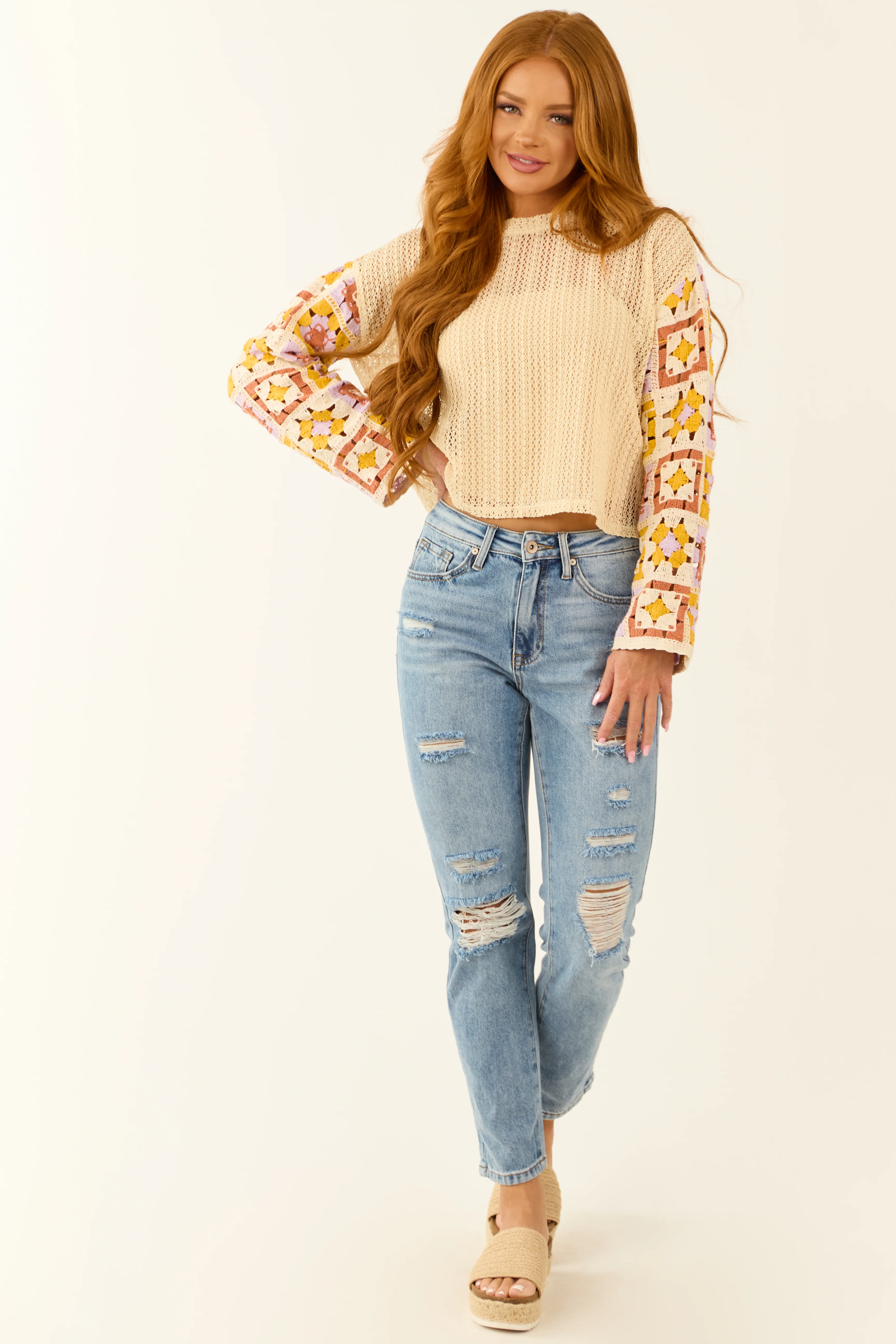 Buttercream Contrast Crochet Long Sleeve Top - LD SALE