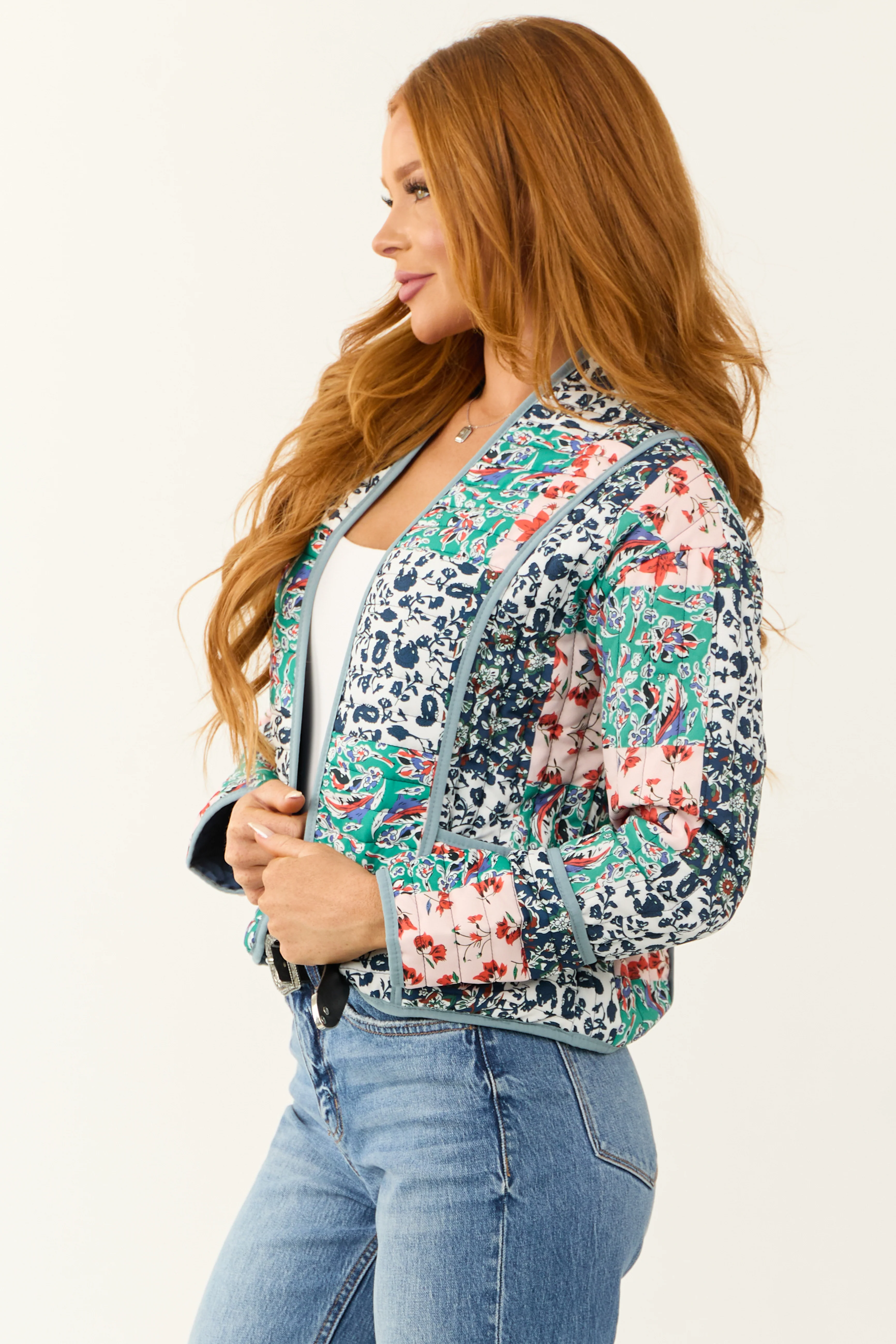 Slate Blue Floral Multiprint Quilted Jacket - LD SALE