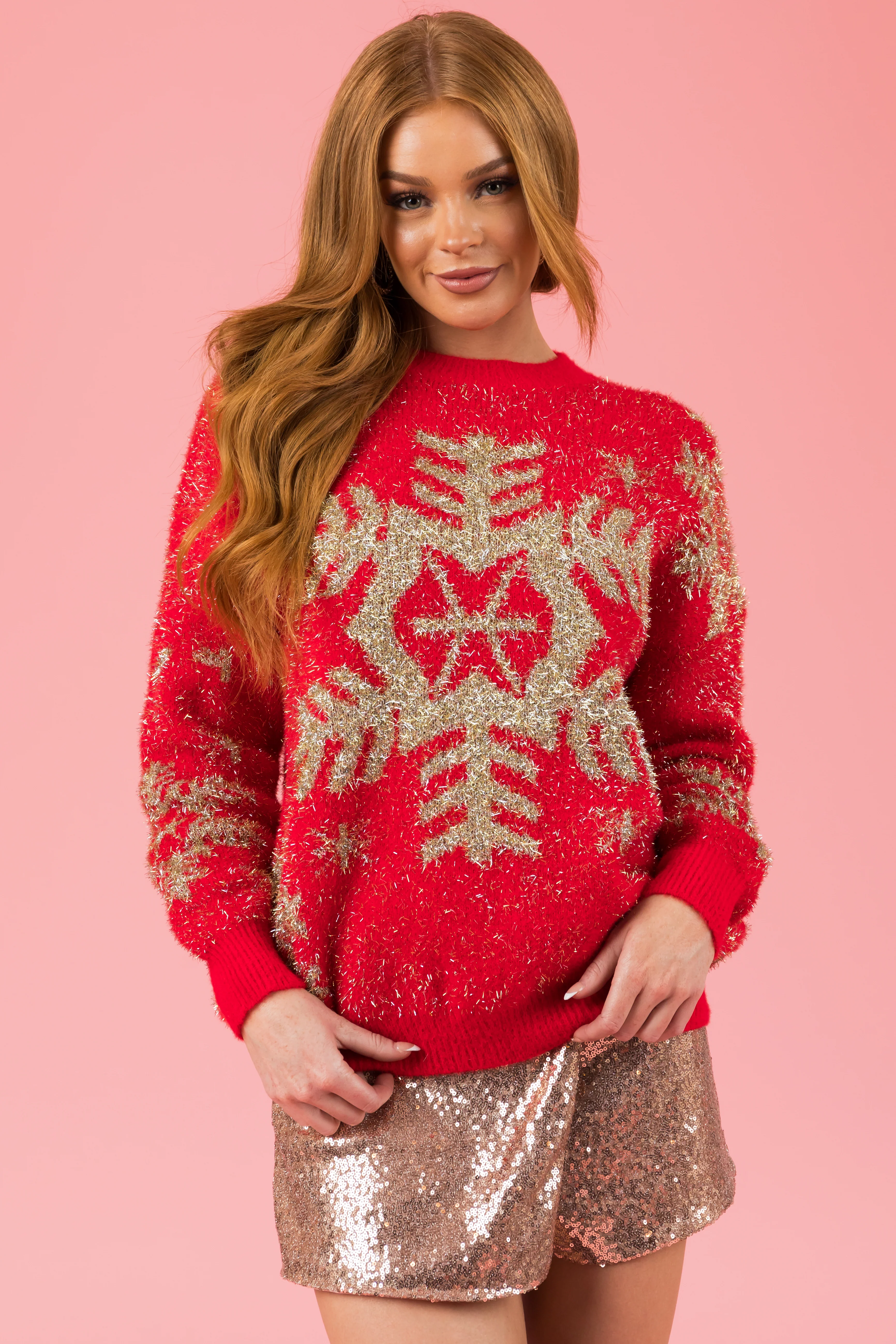 Lipstick Metallic Gold Snowflake Graphic Sweater - LD SALE