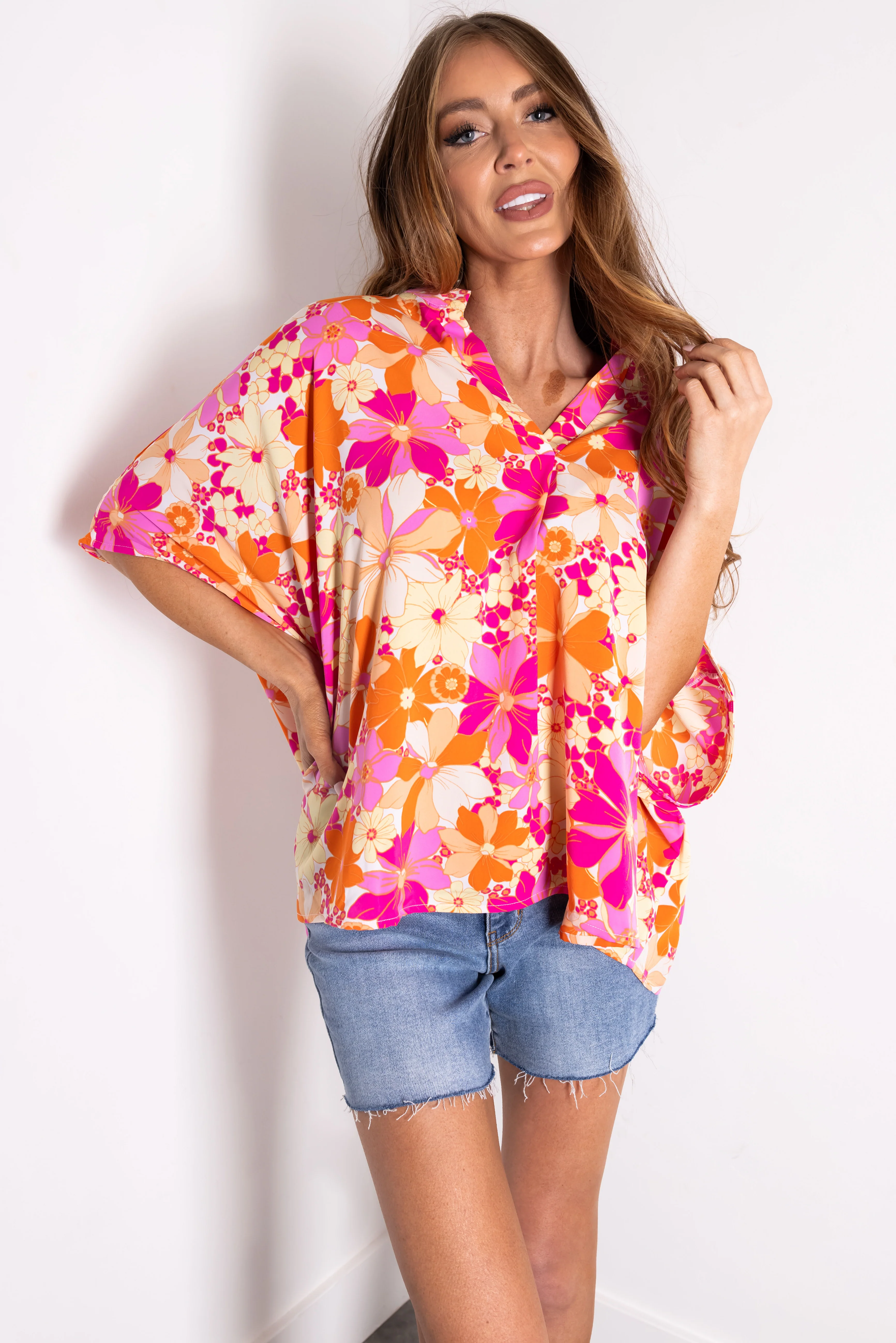 Ivory Floral Print V Neck Half Sleeve Top - LD SALE