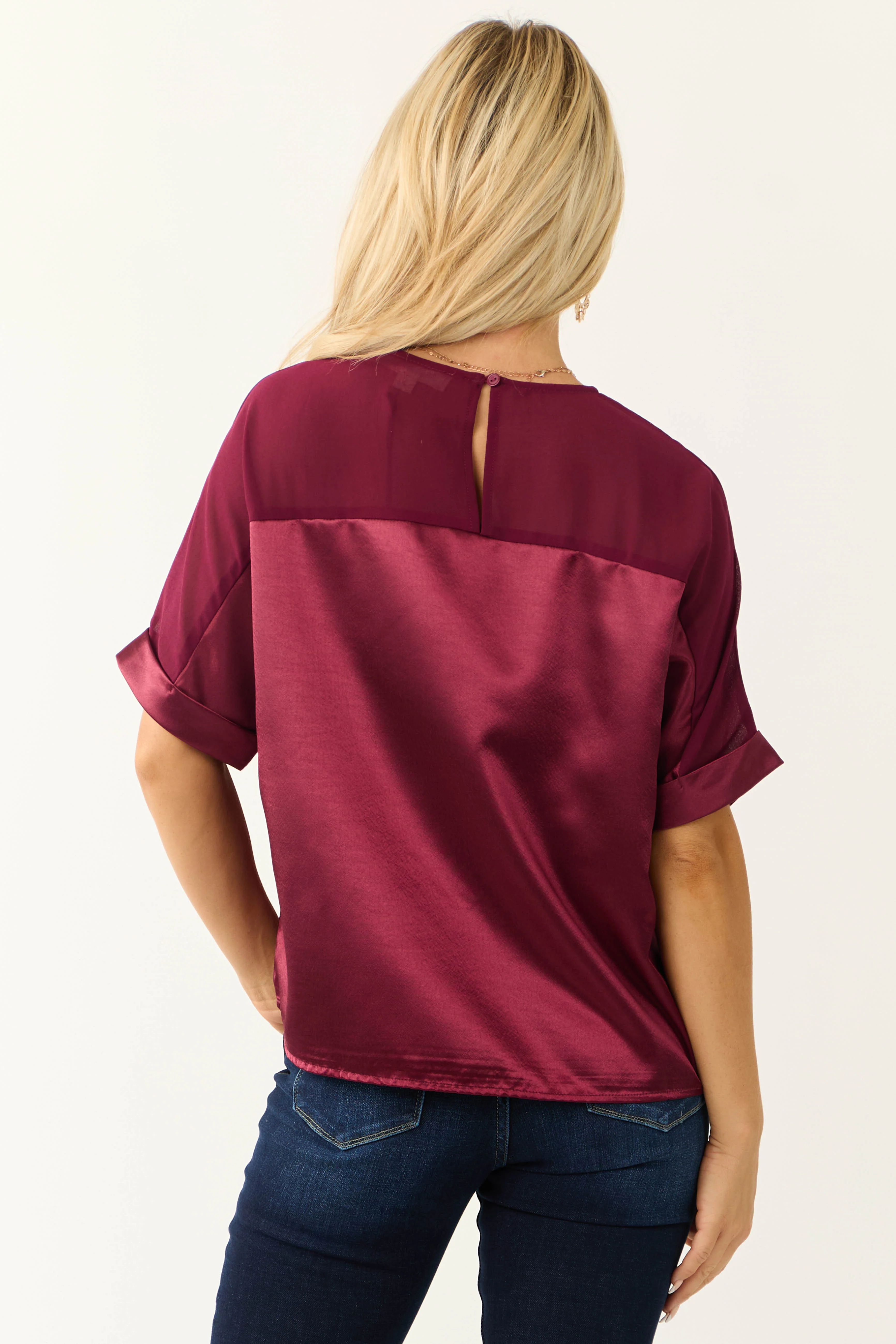 Wine Contrast Yoke Cuffed Sleeve Satin Blouse - LD SALE