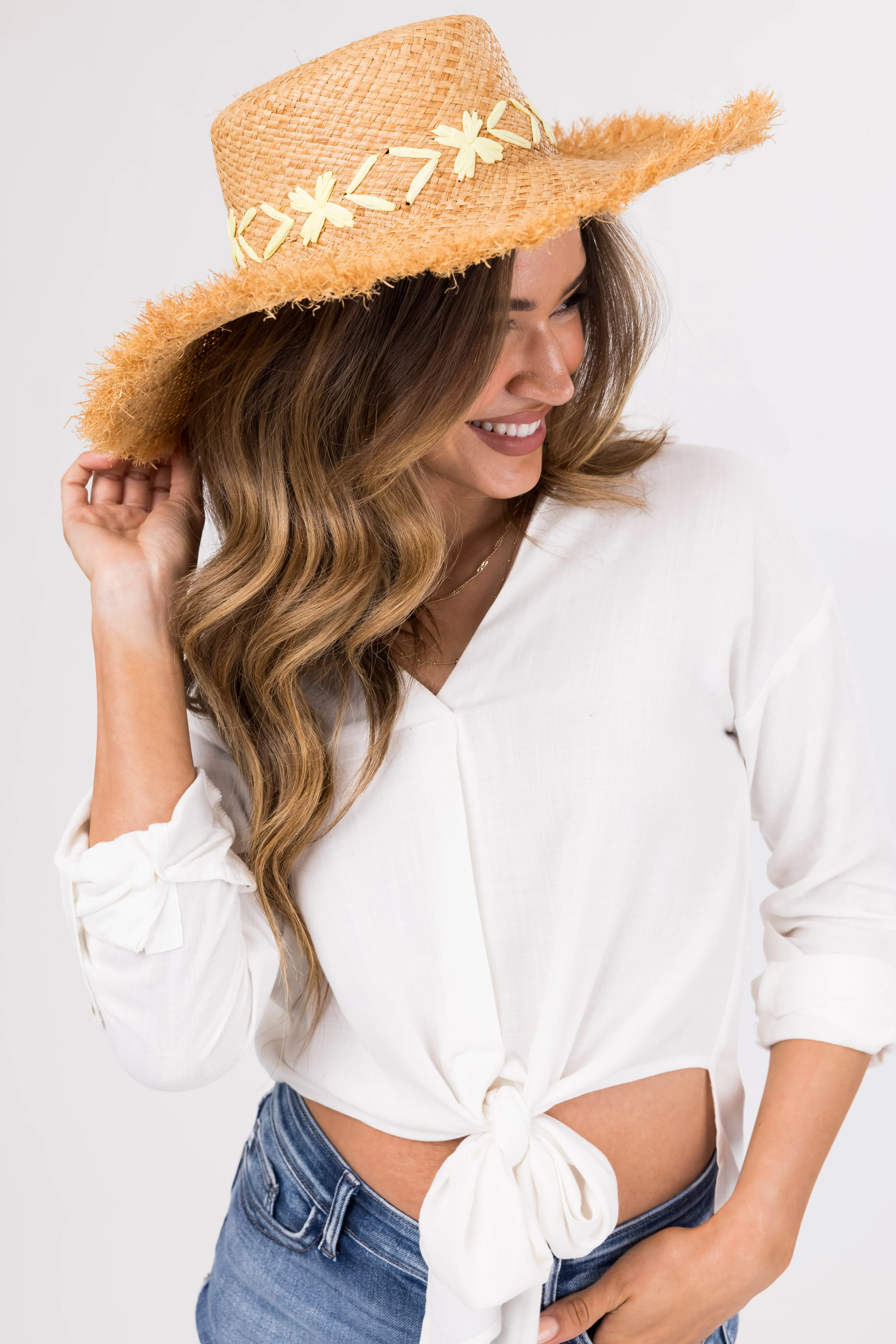 Natural Raffia Sun Hat with Yellow Details - LD SALE