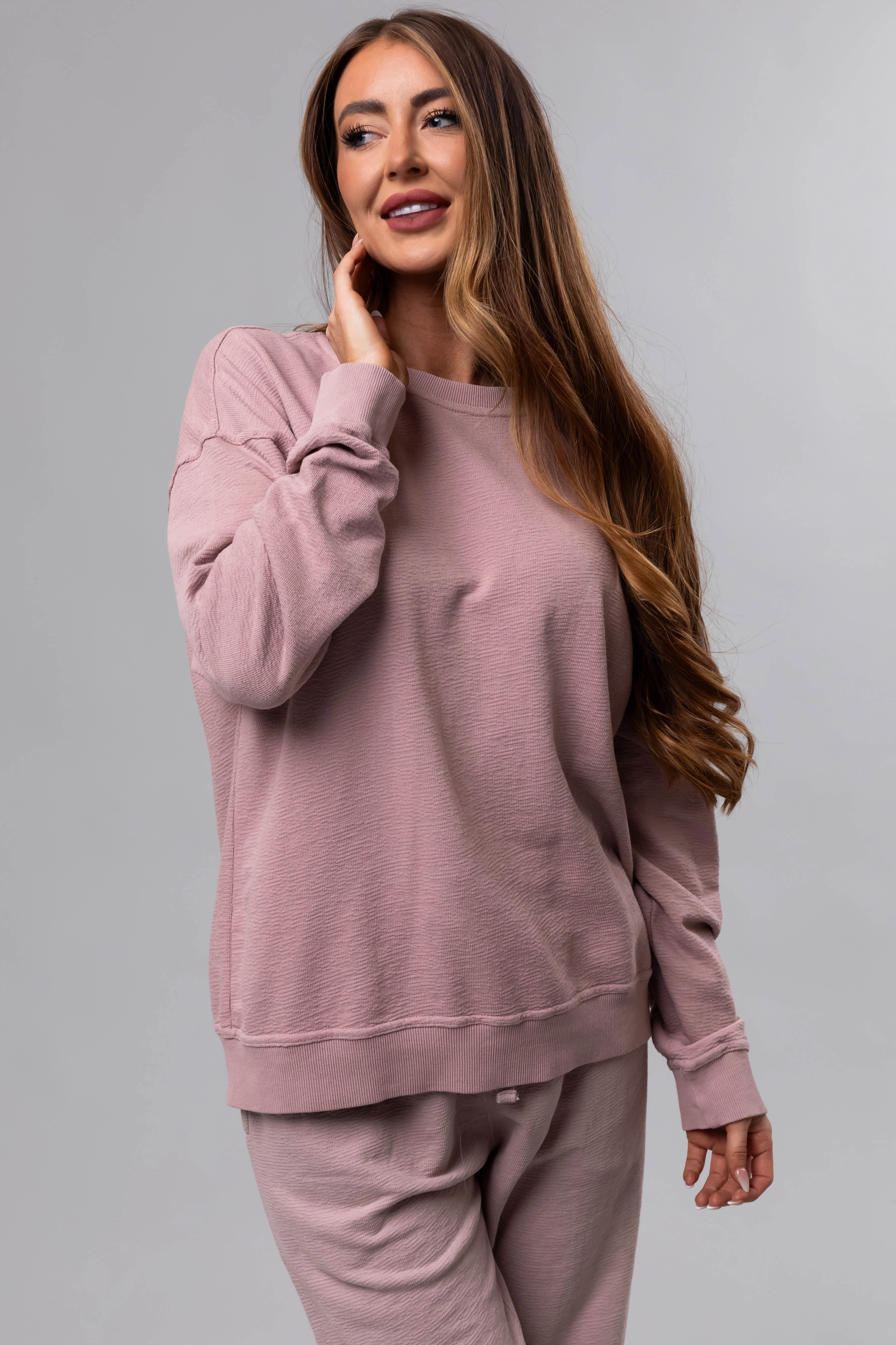 Dusty Blush Textured Cotton Crew Neck Sweatshirt - LD SALE