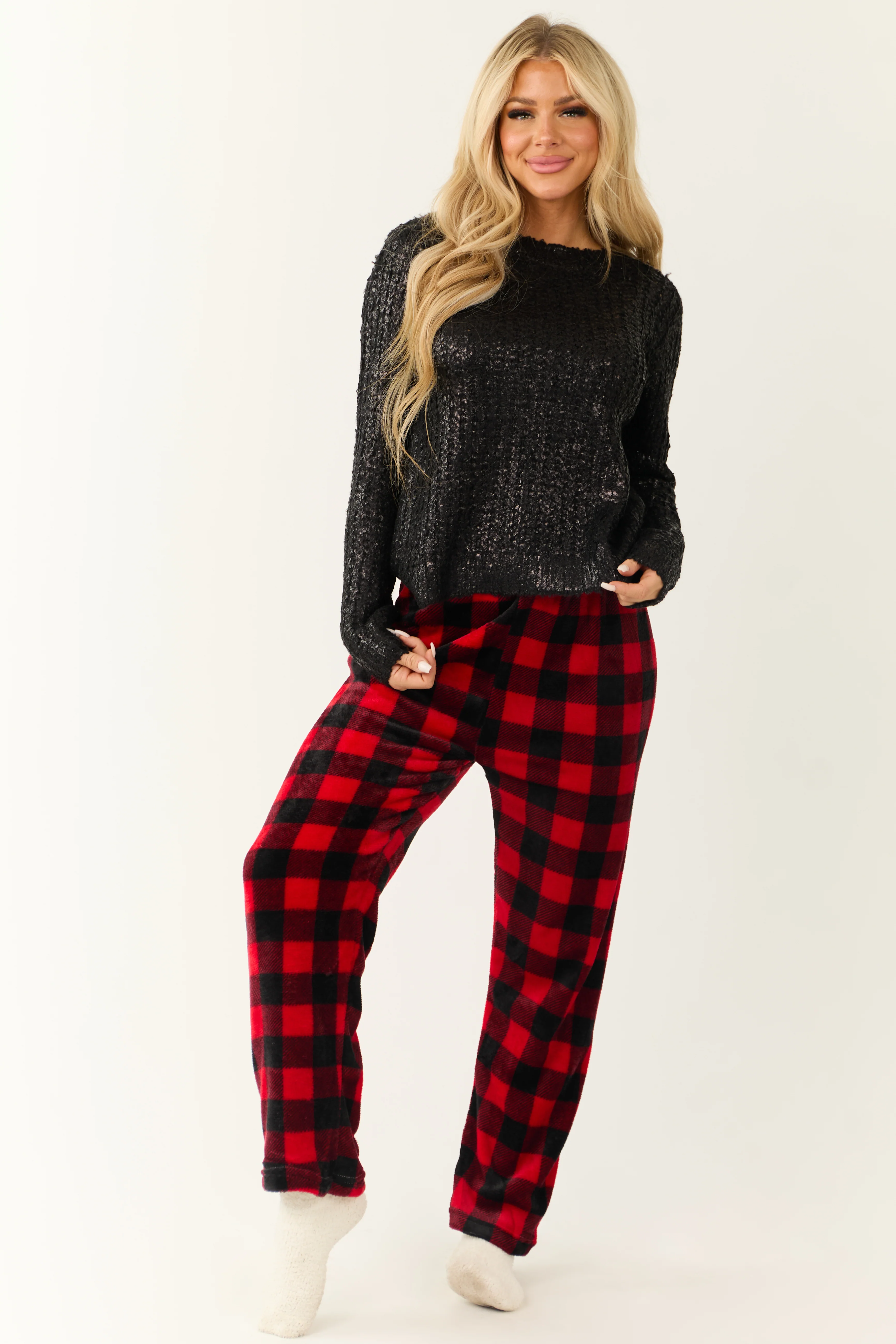 Ruby and Black Buffalo Plaid Fleece Pajama Pants - LD SALE