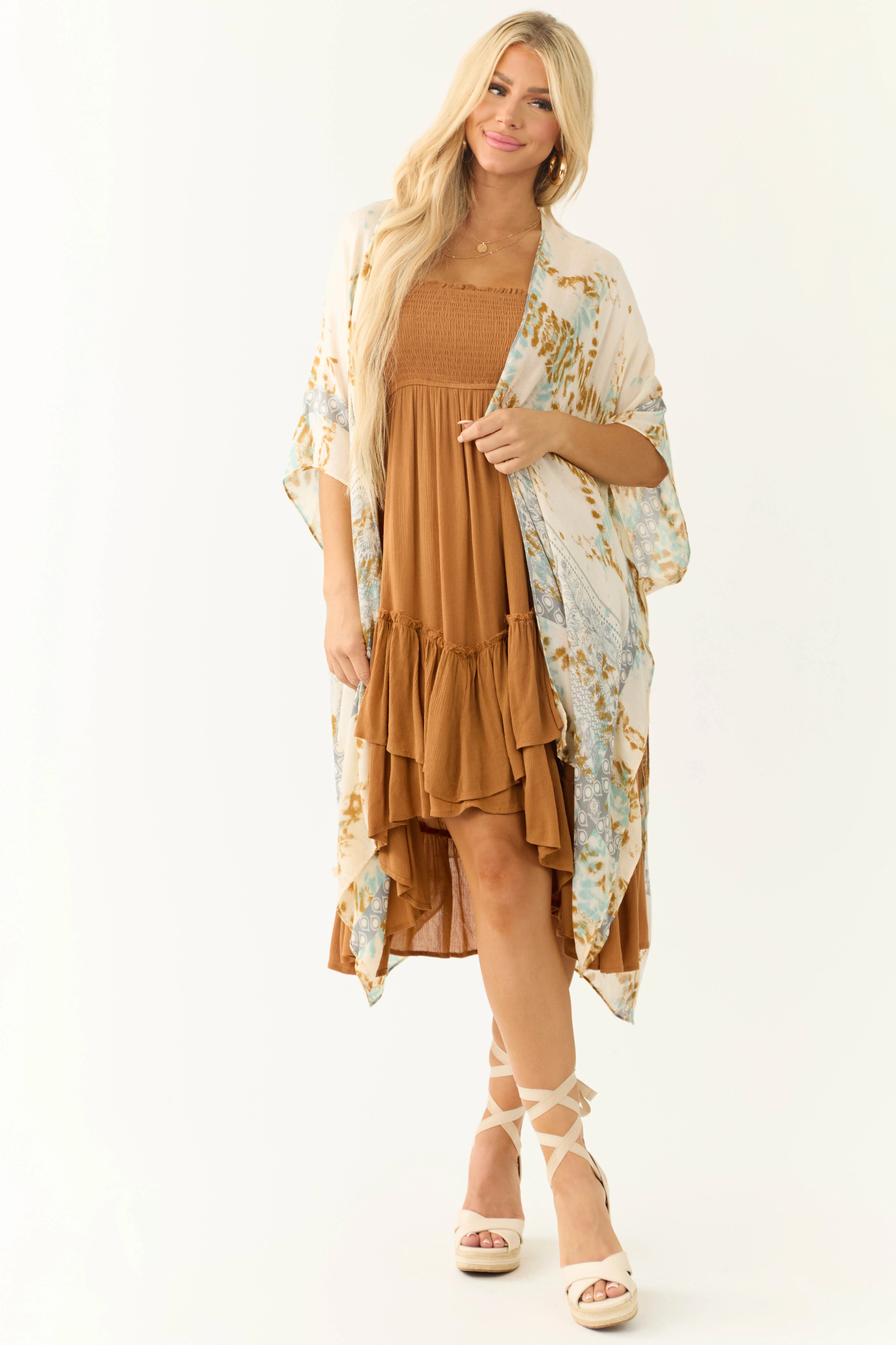 Buttercream Abstract Print Side Slit Kimono - LD SALE