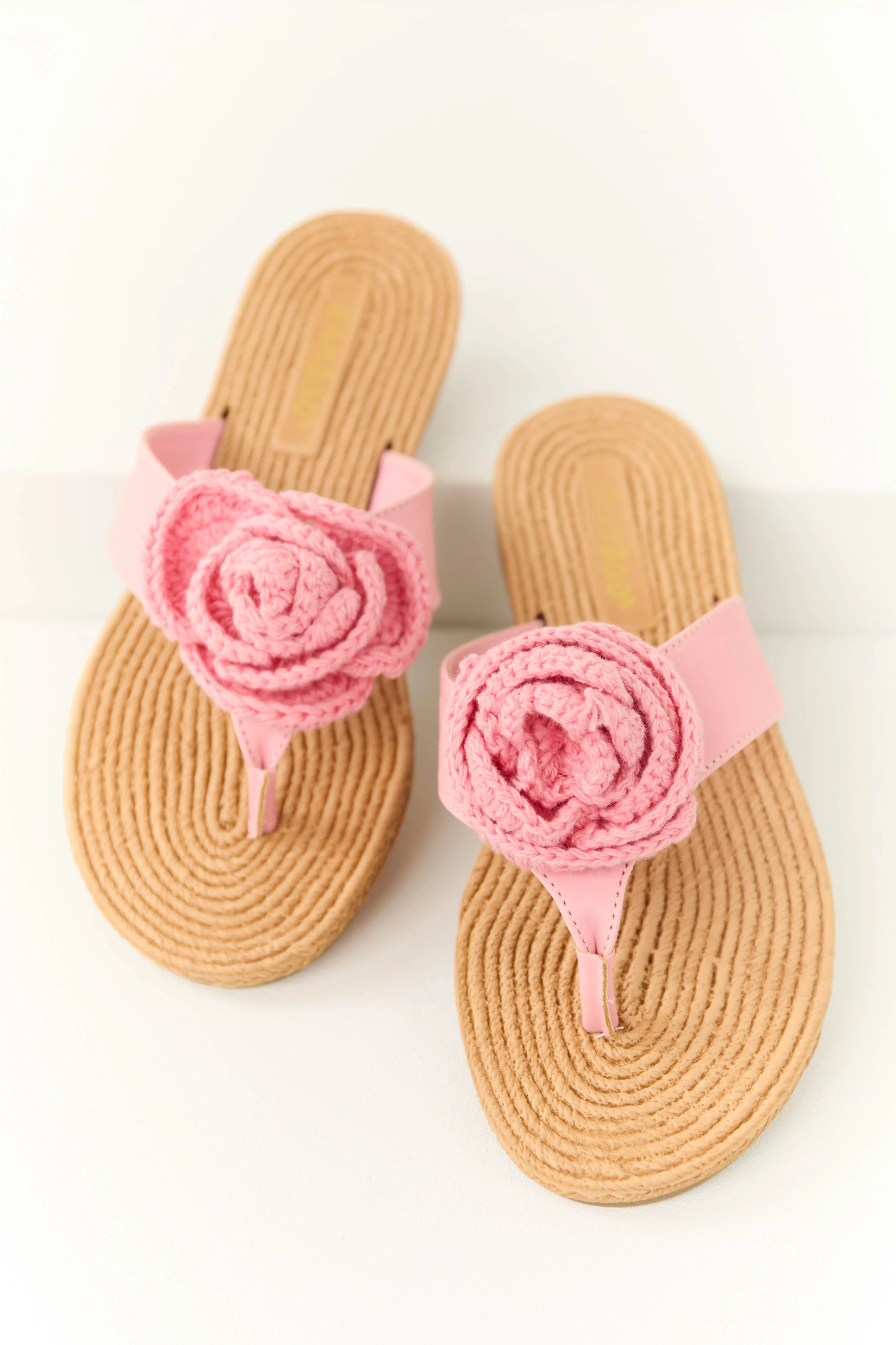 Baby Pink Open Toed Crochet Flower Woven Sandals - LD SALE