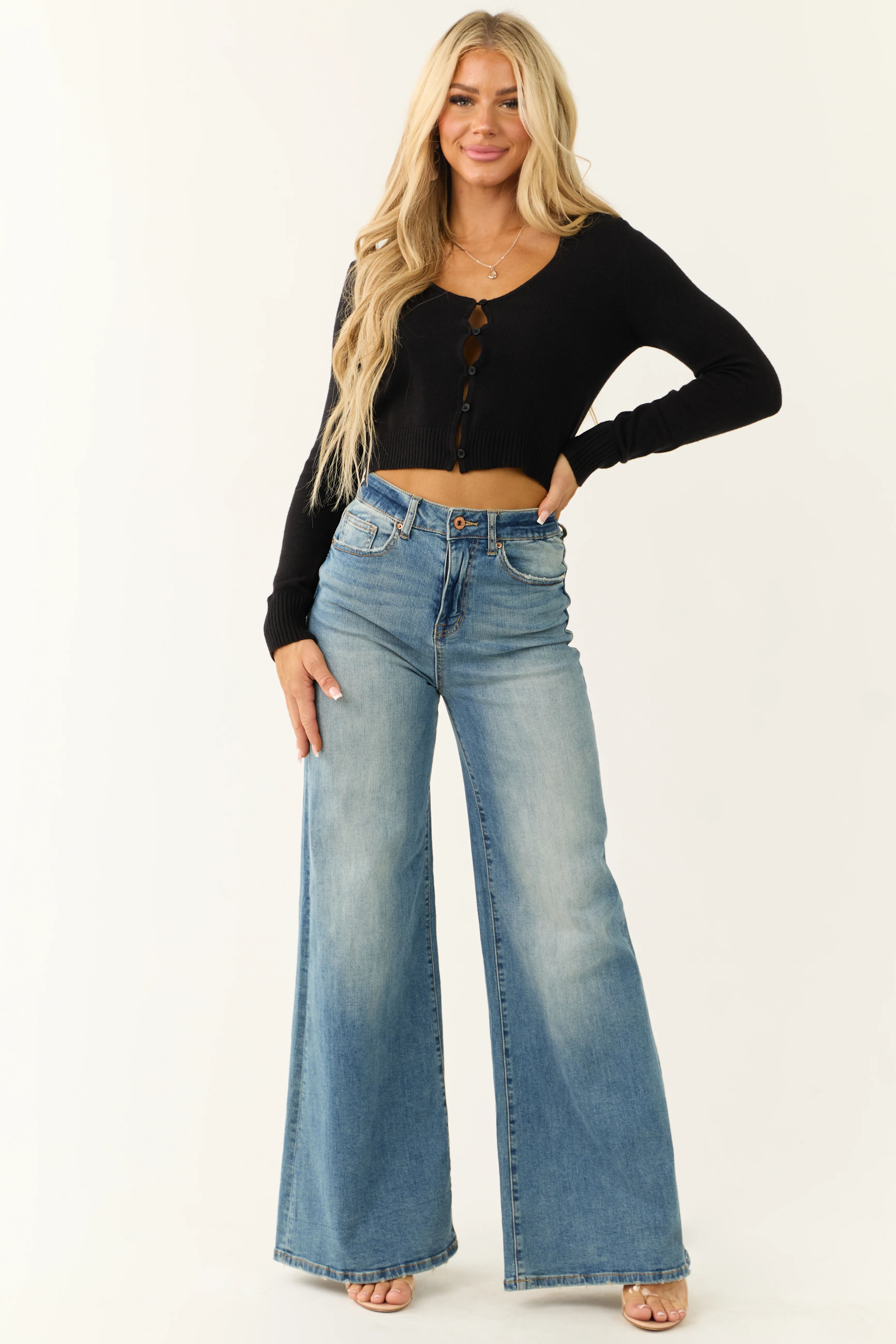 Black Button Down Cropped Knit Cardigan - LD SALE