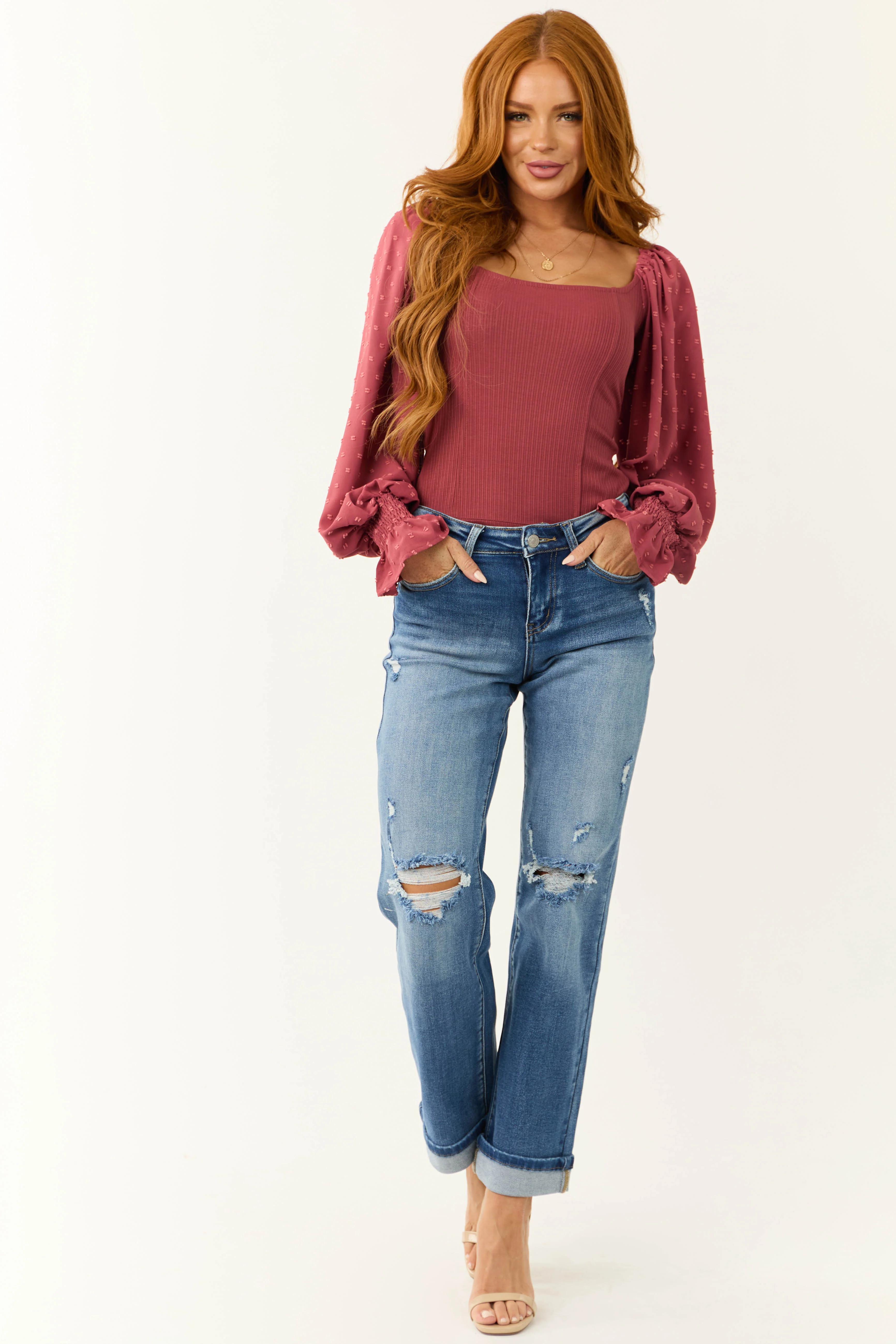 Vintage Rose Long Puff Sleeve Swiss Dot Bodysuit - LD SALE