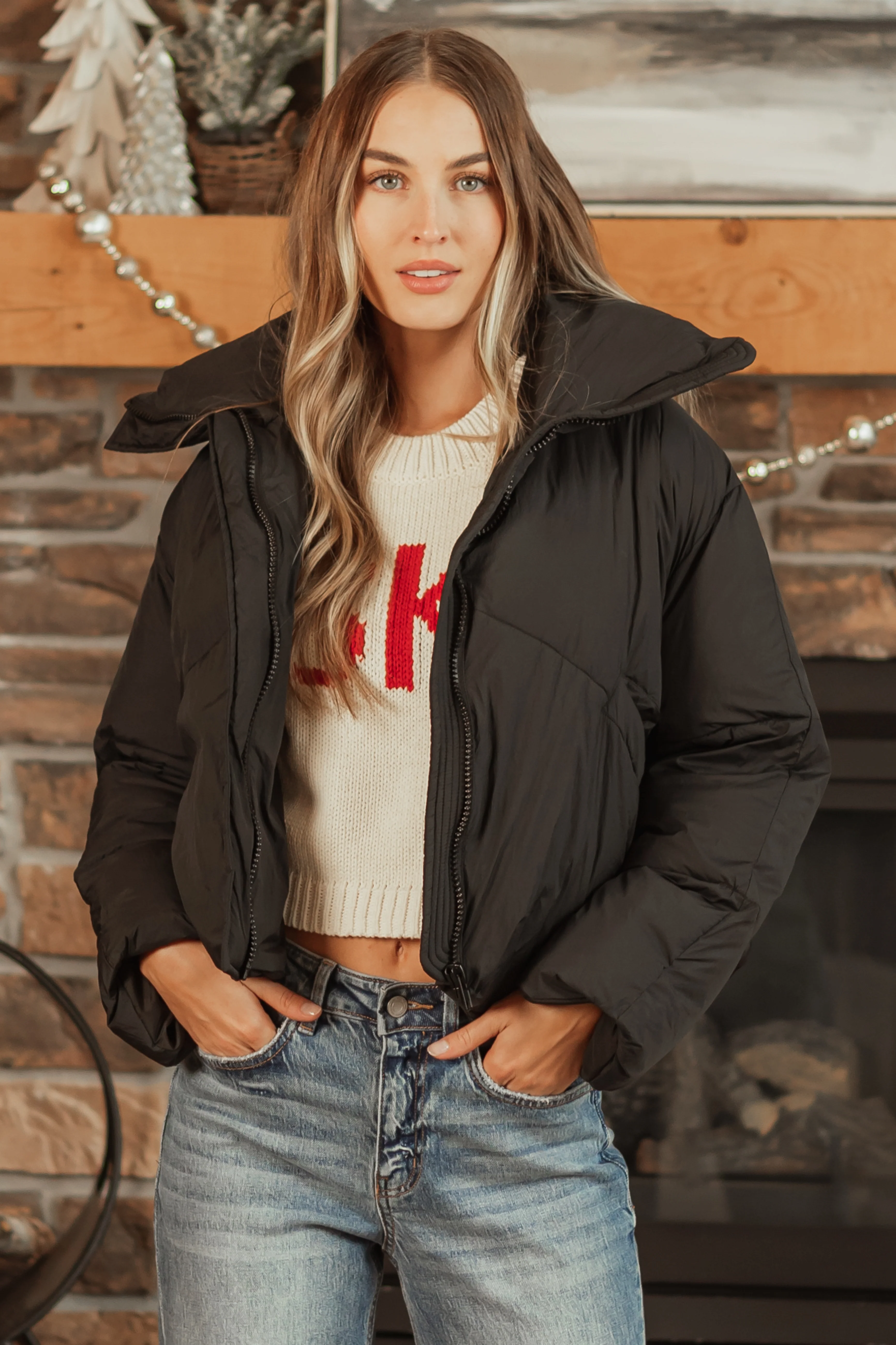 Black Mock Neck Puffer Sleeve Jacket - LD SALE