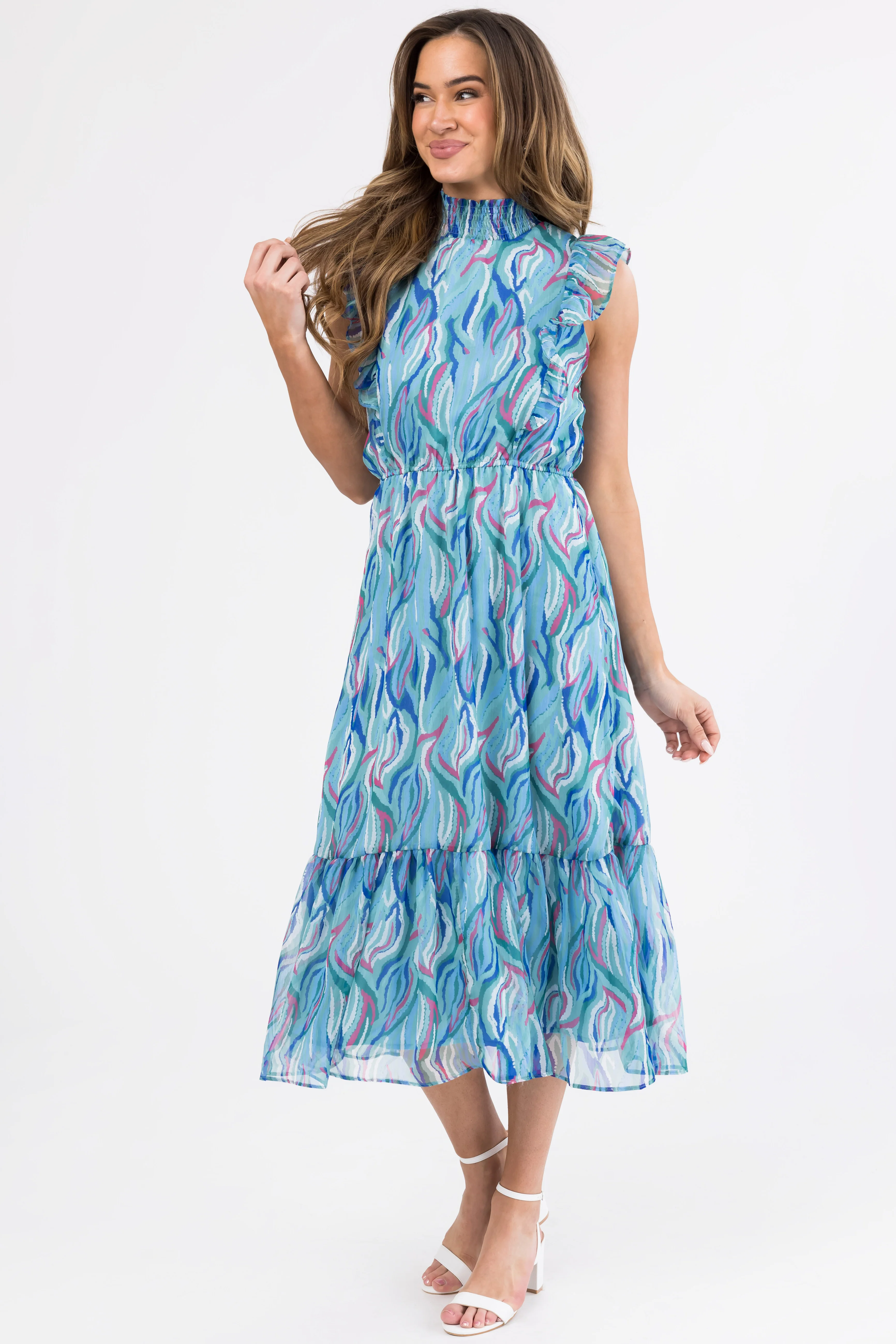 Seafoam Abstract Print Ruffled Midi Dress - LD SALE