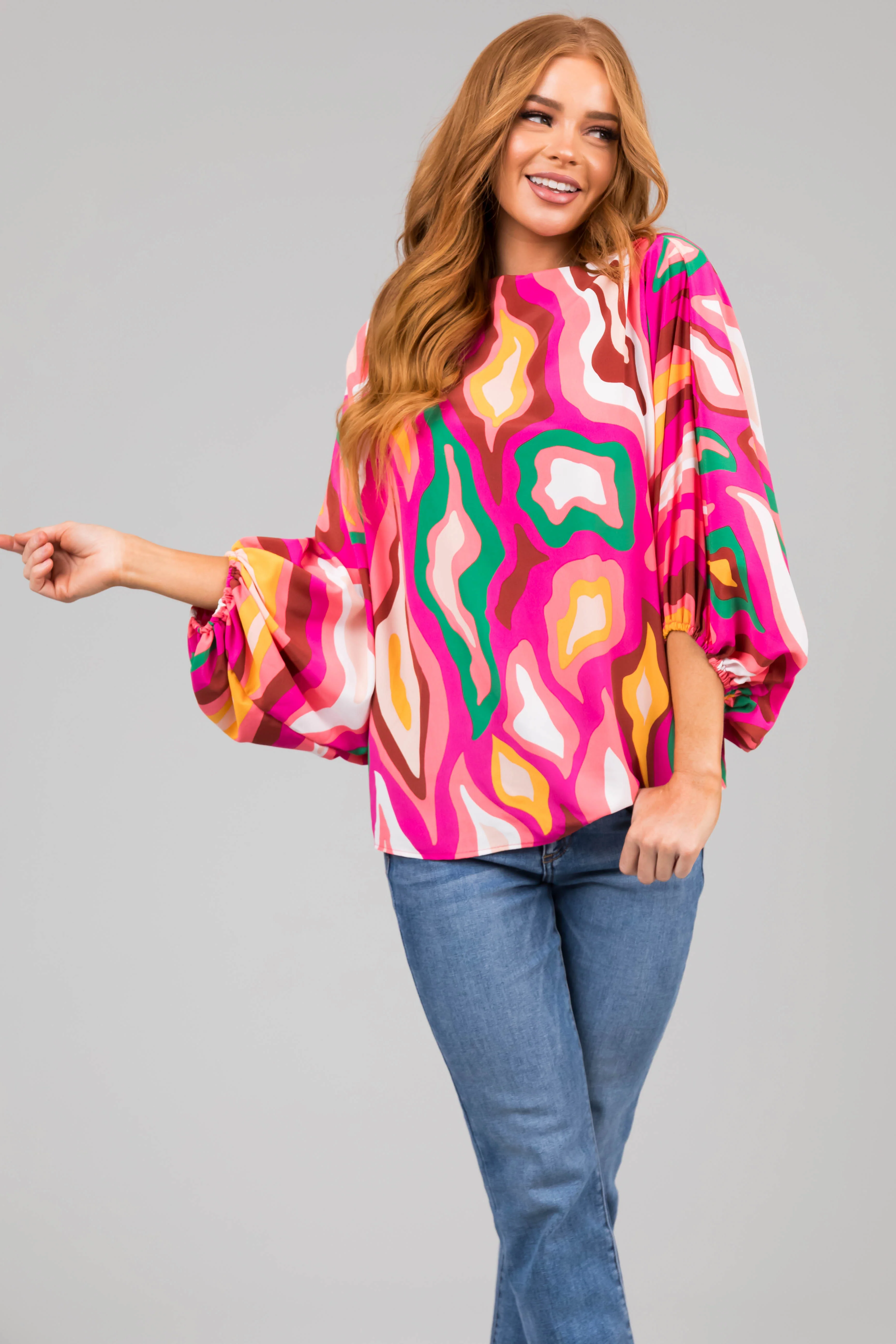 Fuchsia Multicolor Abstract Dolman Sleeve Blouse - LD SALE