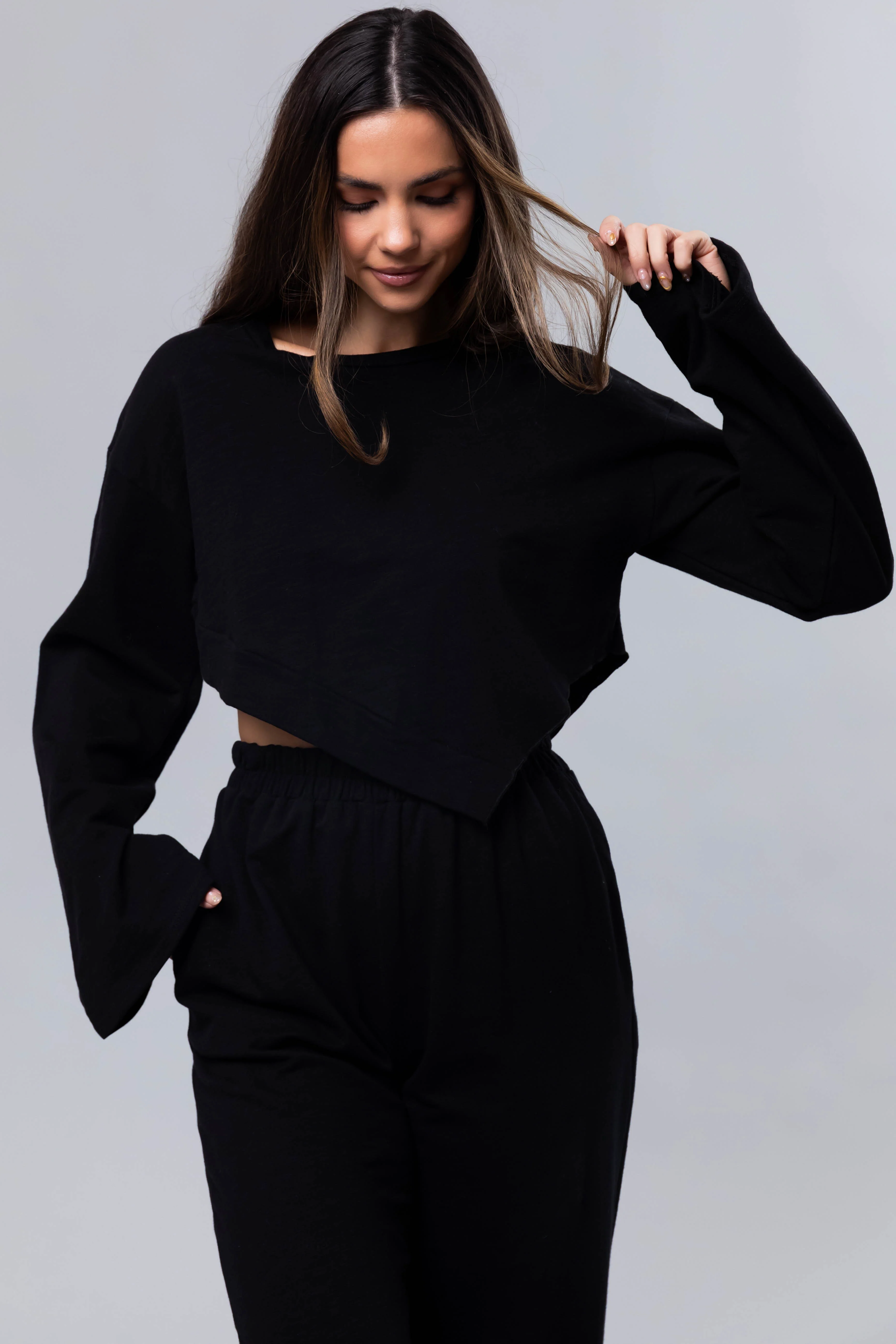 Black Long Sleeve Top and Wide Leg Pants Set - LD SALE